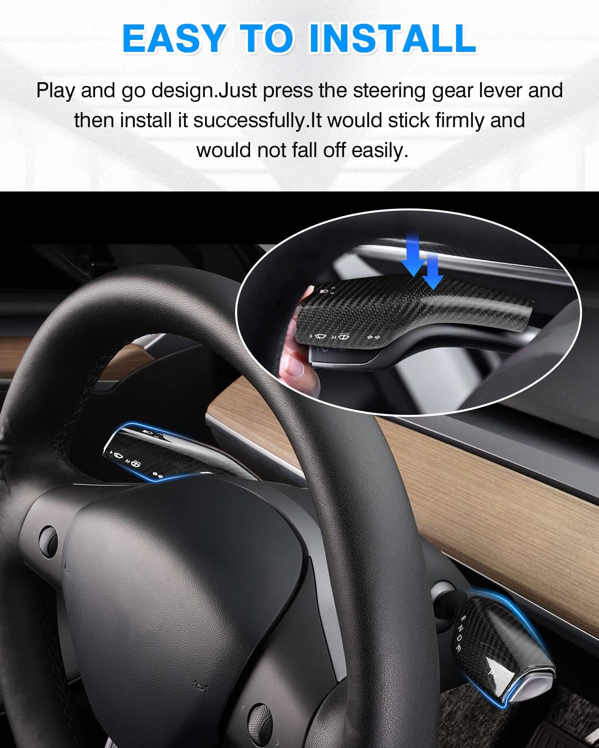 Shademax 2PCS Real Carbon Fiber Steering Lever Gear Shift Cover for Tesla Model Y 2020-2024 2025/2017-2024 Tesla Model 3 Accessories Column Steering Lever Cover Steering Wheel Decorative