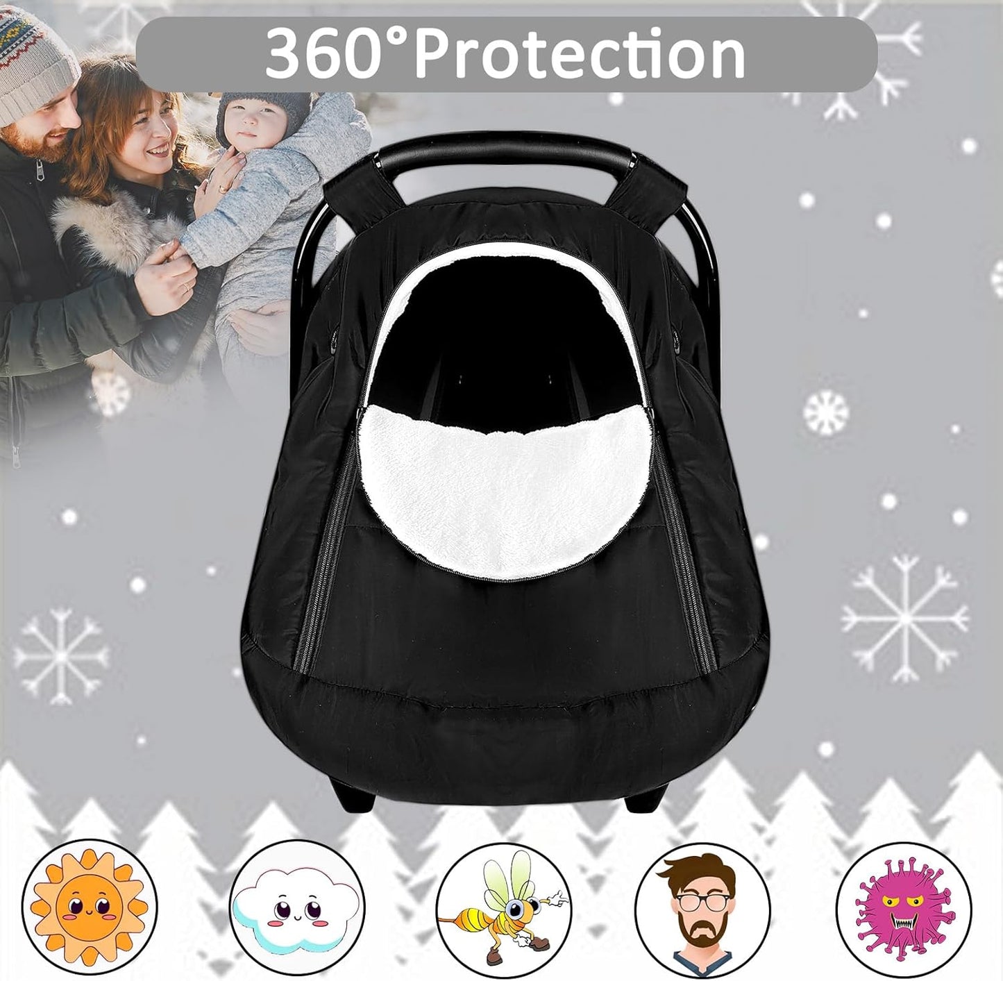 SWESEN Winter Car Seat Covers for Babies, Carseat Cover Boys, Cozy & Warm Cover, Infant Car Seat Canopy Water Resistant, Universal Cold Weather Shield, Black