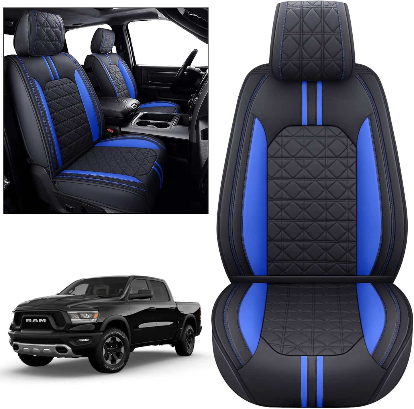 YIERTAI for Dodge RAM Seat Covers Fit 2009-2023 2024 2025 1500 2500 3500HD Crew Double Cab Quad Cab Big Long Horn Rebel Tradesman Laramie Truck Waterproof Leather TSWKM Style(2 PCS Front/Black-White)