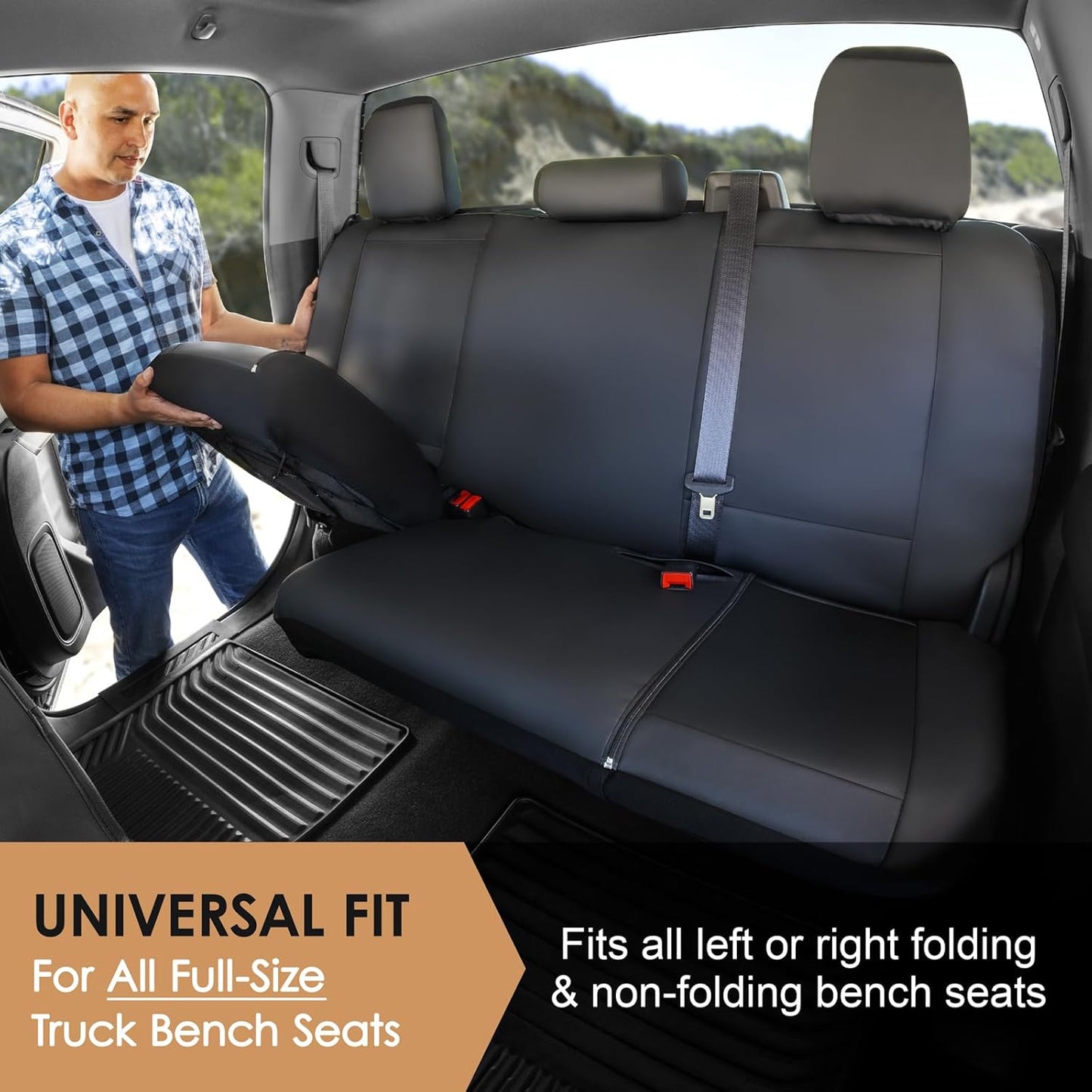X Truck Accessories Universal Truck Bench Seat Cover; Fits All Full-Size Silverado F-150 Ram Sierra Titan Tundra Pickup Trucks; to Fit Folding, Split Bench or Standard Bench Seat; Faux Leather, Black