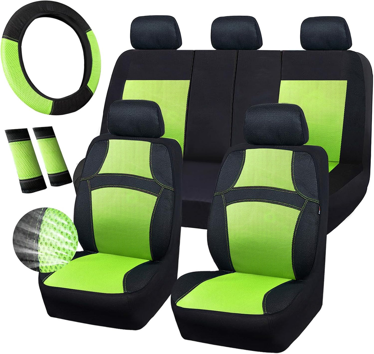 CAR PASS Universal 13PCS 3D Air Mesh-100% Breathable Seat Covers Full Sets#Steering Wheel&Belt Cover #Airbag and Rear Split Bench Compatible#for 90% Automotive SUV Truck Cute Women Black Mint