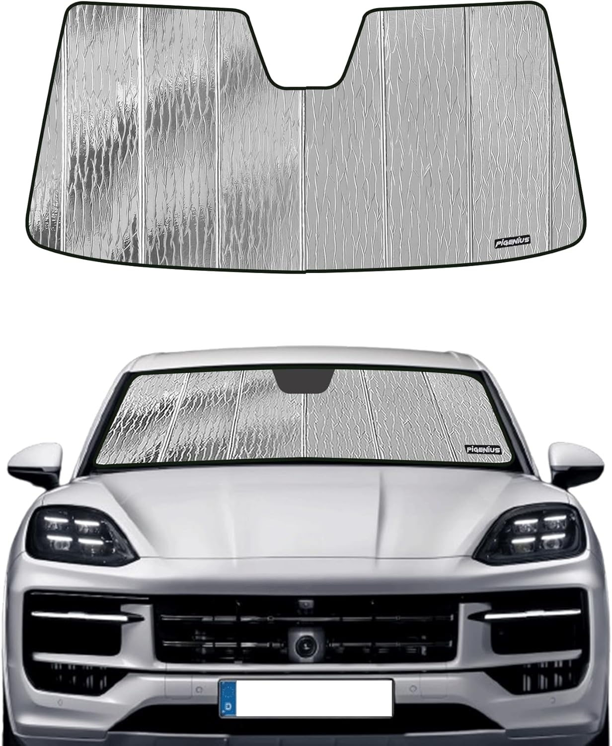 Pigenius Windshield Sun Shade for Porsche Caye-nne 2019-2025,Front Window Sunshade Shield,2-in-1 Reflective Sun Shade,Silver for Summer, Black for Winter