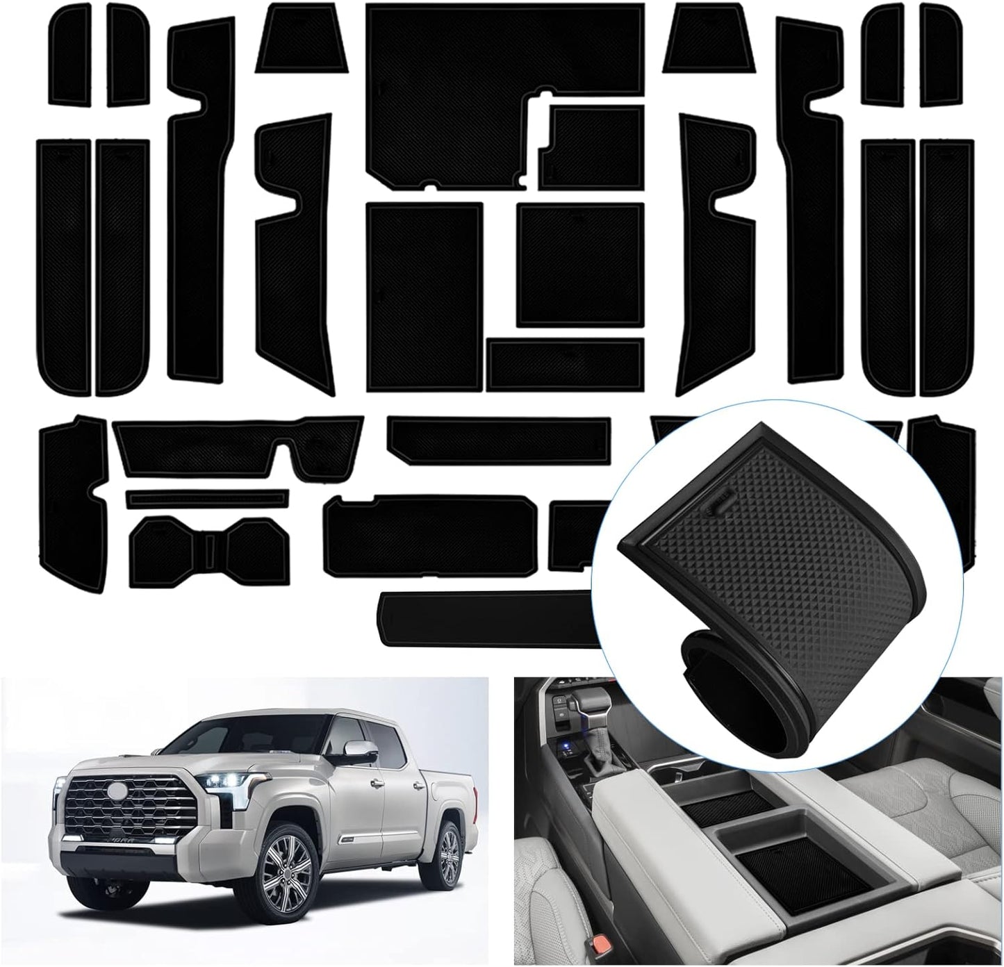 Center Console Liner Compatible for 2022 2023 Toyota Tundra Accessories Cup Holder Inserts, Door Pocket Mats, Rubber Coasters, Custom Interior Anti-Slip Dust Pads (Black)