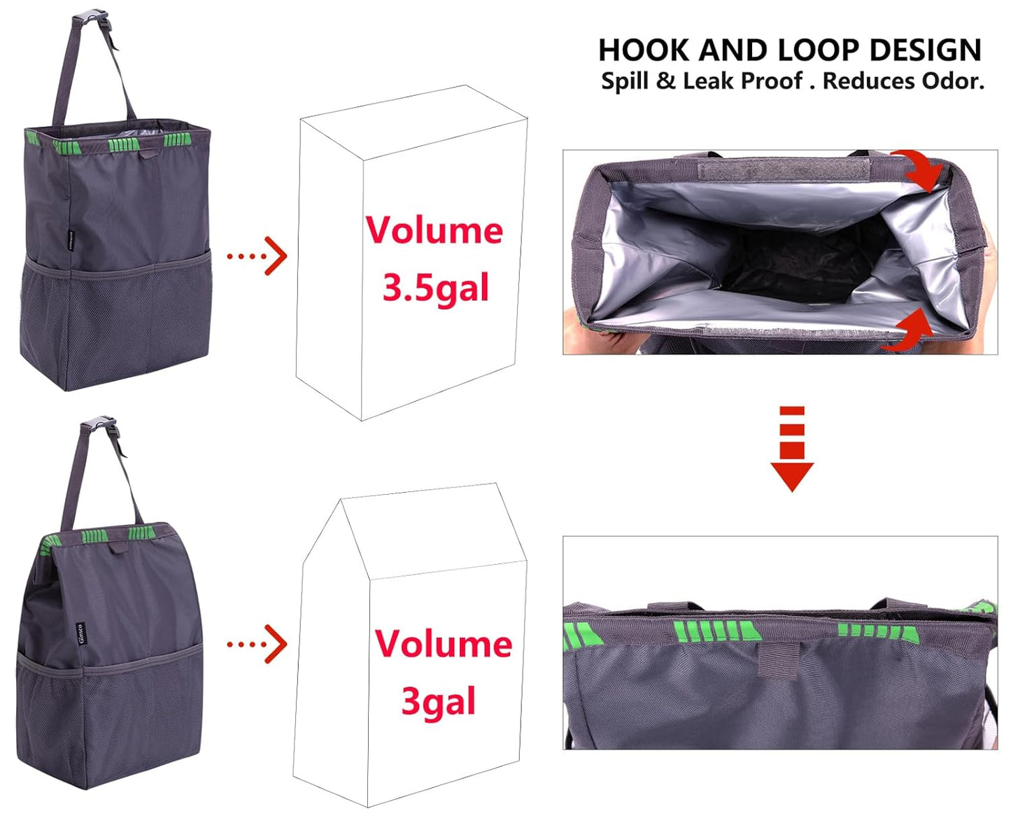 Ginsco Hanging Car Trash Bag, 2 Pack 3.5 Gallons Large Capacity Leakproof Car Garbage Can, Waterproof Car Trash Can, Car Garbage Bin with 4 Pockets, Car Accessories Gray