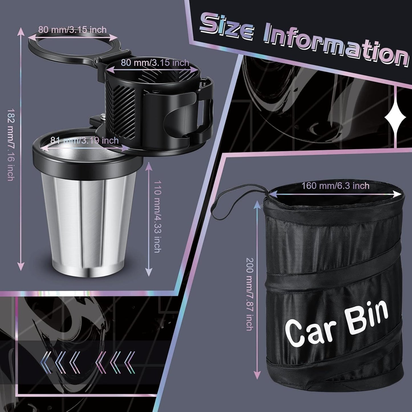 Frienda Car Cup Holder Expander for Car with Cell Phone Stand, Multifunctional Car Cup Holder Adapter for Multiple Cups and Bottles Trash Can Portable Garbage Bin Collapsible, Black