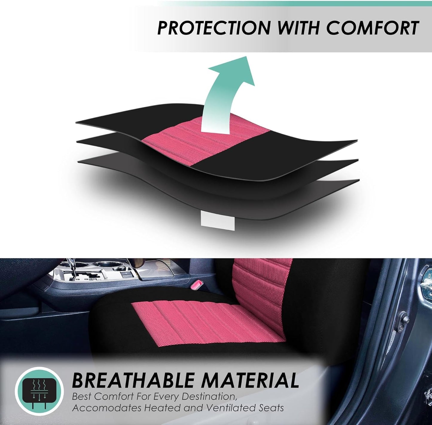 FH Group Car Seat Covers Full Set 3D Air Mesh - Universal Fit, Automotive Seat Covers, Low Back Seat Cover, Airbag Compatible,Split Bench Rear Seat,Washable Car Seat Cover for SUV, Sedan Pink