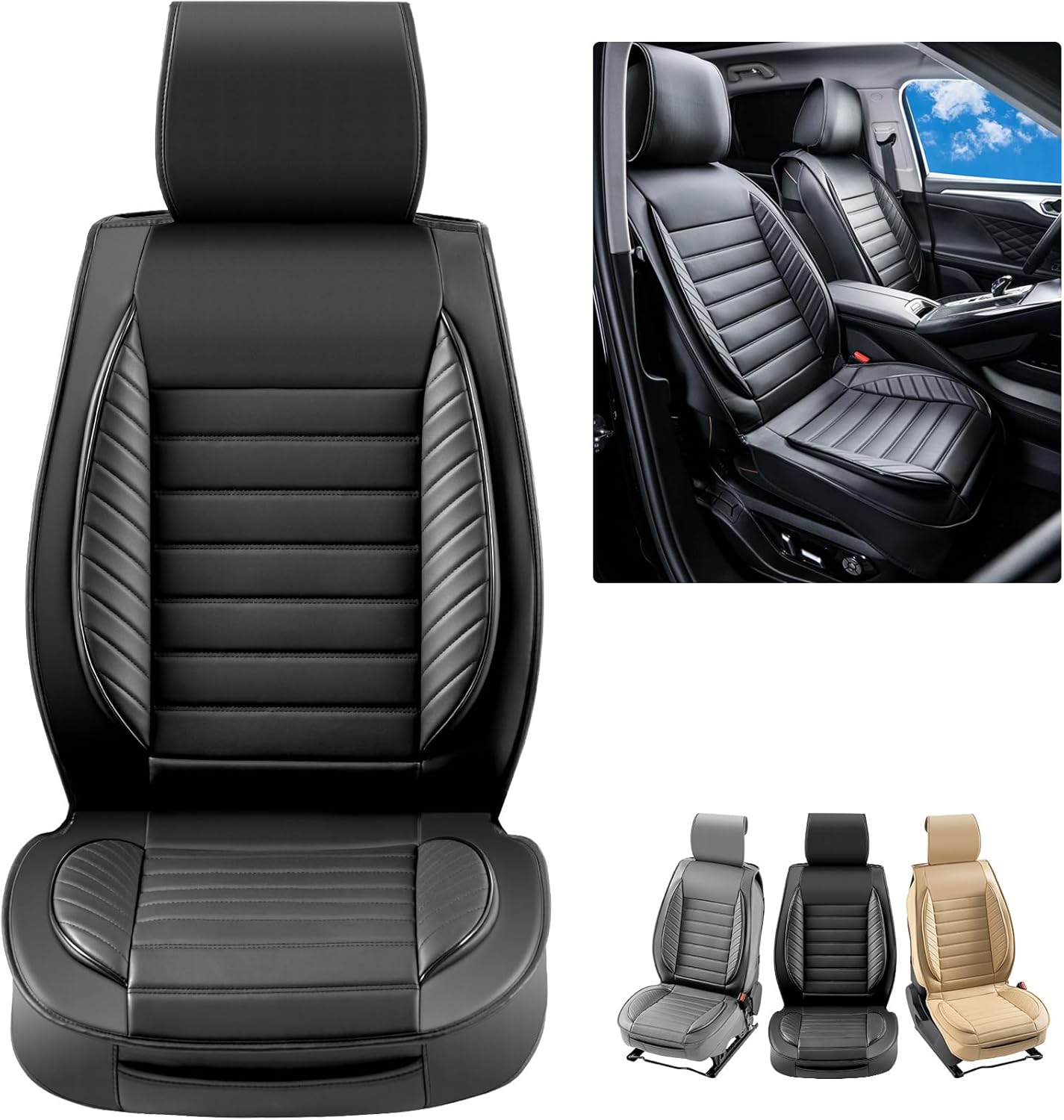 VEVOR Seat Covers, Universal Car Seat Covers Front Seats, 2pcs Faux Leather Seat Cover, Semi-Enclosed Design, Detachable Headrest and Airbag Compatible, for Most Cars SUVs and Trucks Gray