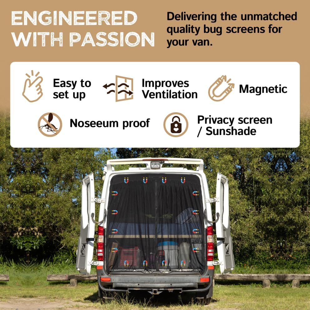 Living in a Bubble Van Bug Screen for Standard Roof Mercedes Benz Sprinter and Ford Transit, Universal Size Rear Door Flyscreen Mosquito Net, Center Zipper Closure
