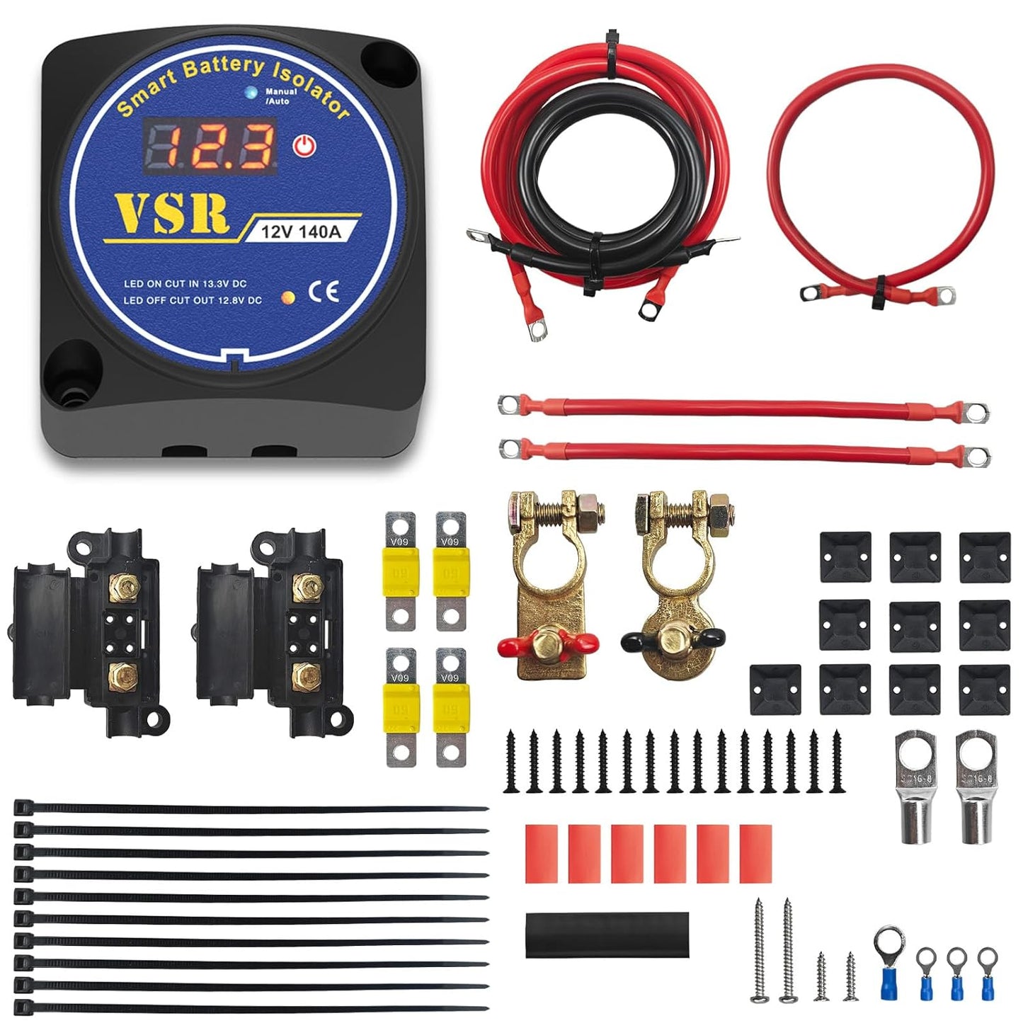 6M Dual Battery Isolator Kit 12V 140Amp, Voltage Sensitive Relay VSR,Compatible with RV Marine Car Vehicles Truck Caravan Off-Road Camper Yacht, Not Fit for Lithium Batteries