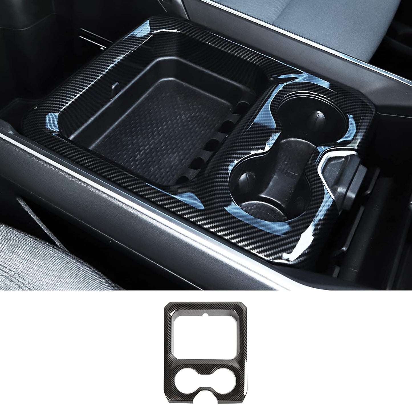 SQQP Carbon Fiber Center Console Dashboard Front Armrest Cup Holder Panel Cover Fit for 2019-2024 Dodge RAM 1500 2500 3500