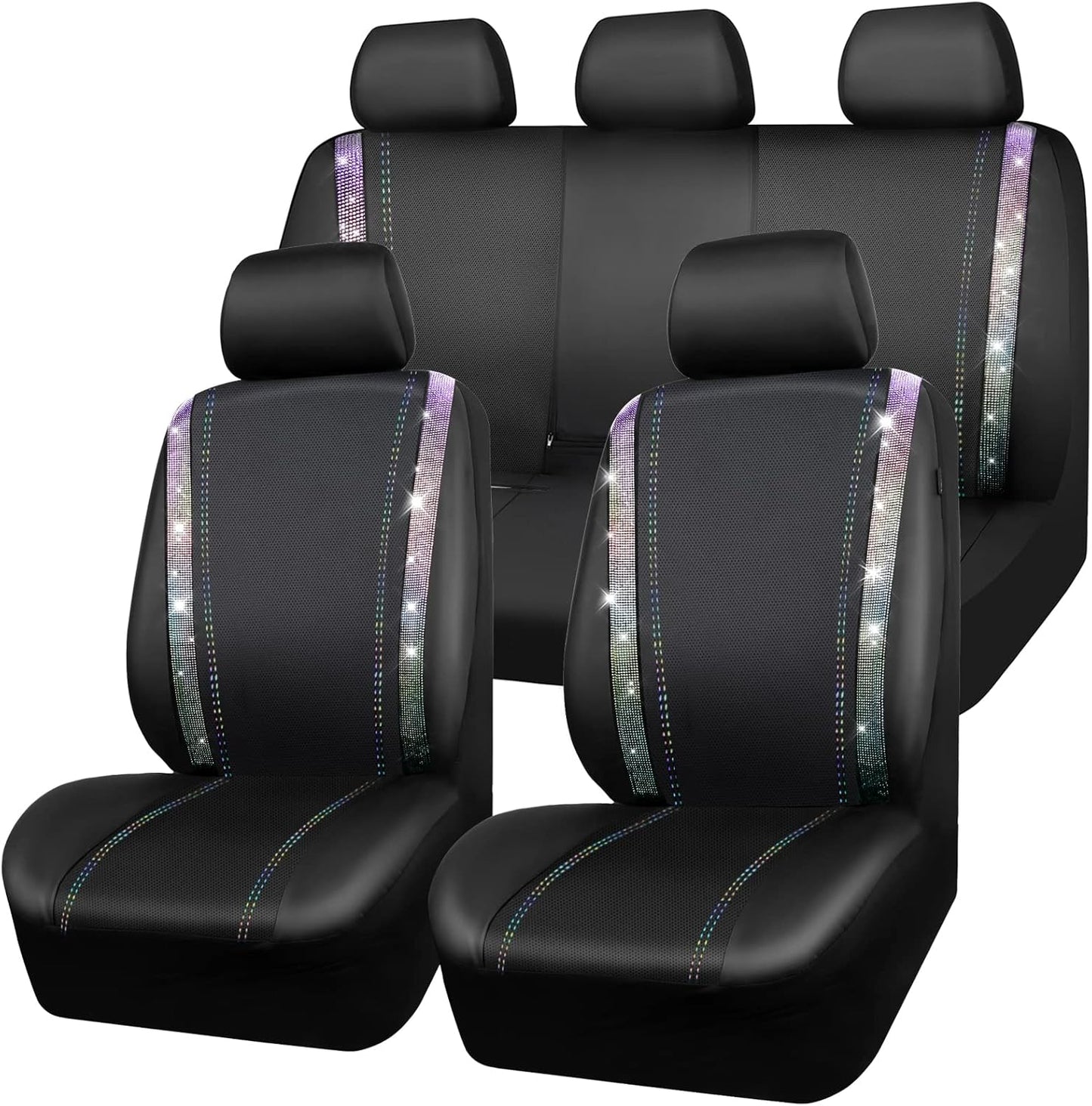 CAR PASS Bling Car Seat Covers Full Set, Shining Glitter Rhinestone Diamond Waterproof Faux Leather Interior Sets Universal Fit Automotive Glitter Crystal Sparkle Strips for Cute Women Girl, Beige