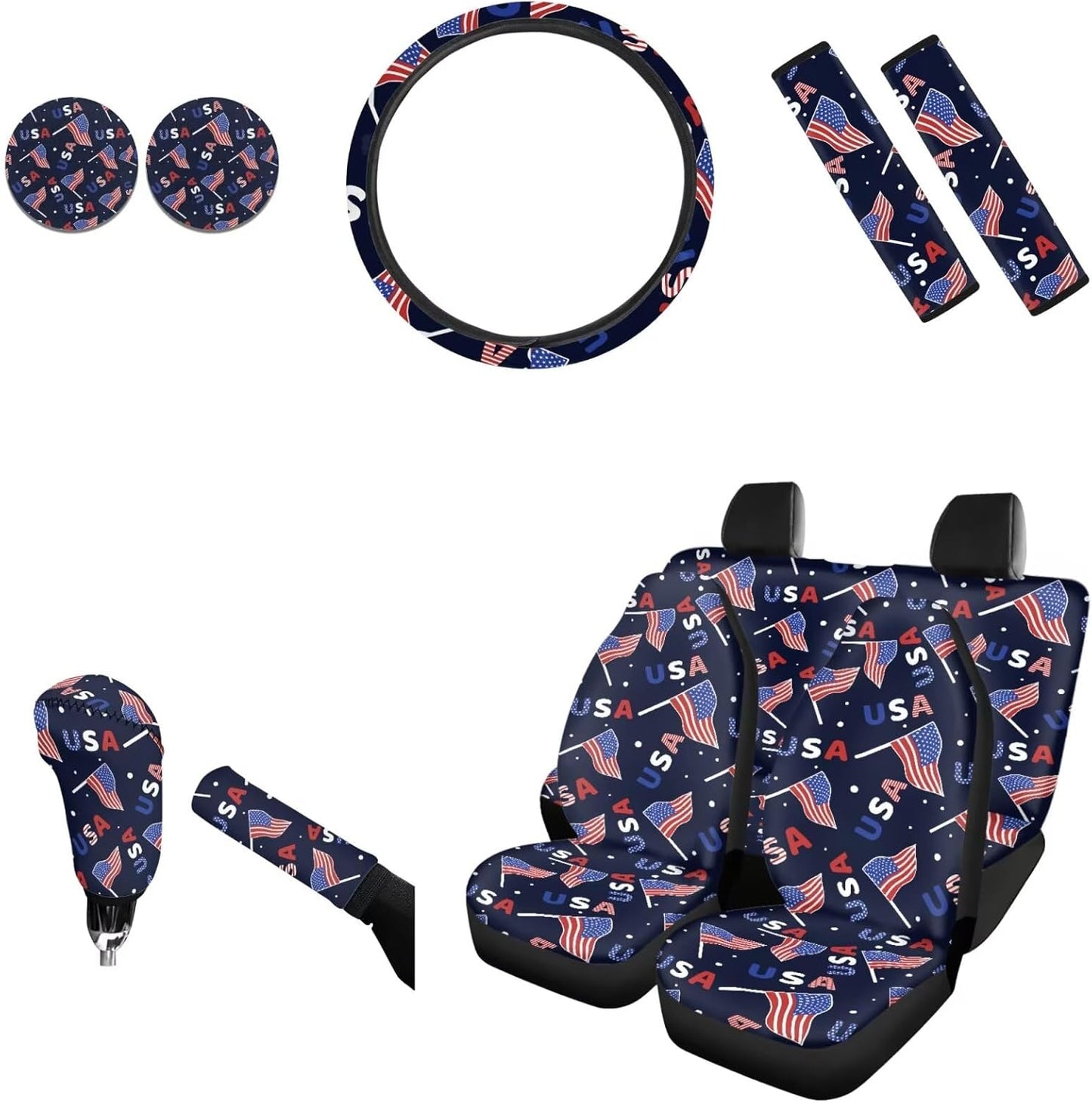 AFPANQZ Nebula Galaxy Car Seat Covers with Steering Wheel Cover, Seat Belt Shoulder Pads, Cup Holder Coasters, Gear Shift Knob and Handbrake Protector Cushion Full Set of 11 for Men Women Gift Navy