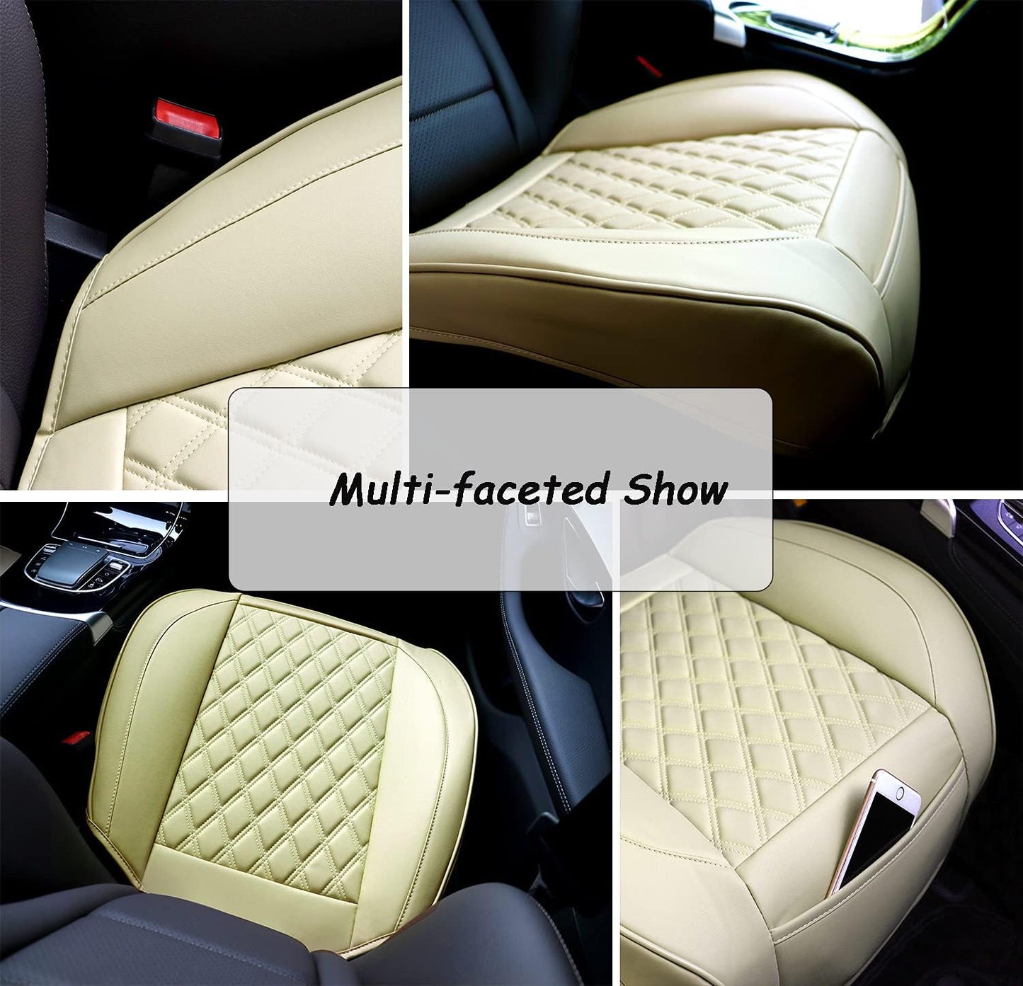 Mefuzn 2 Pack Car Seat Covers Front Seat Luxury PU Leather Car Seat Cushions Covers Compatible with 90% Vehicles Edge Wrapping Car Front Seat Cushion with Storage Pockets (Beige-2PCS)