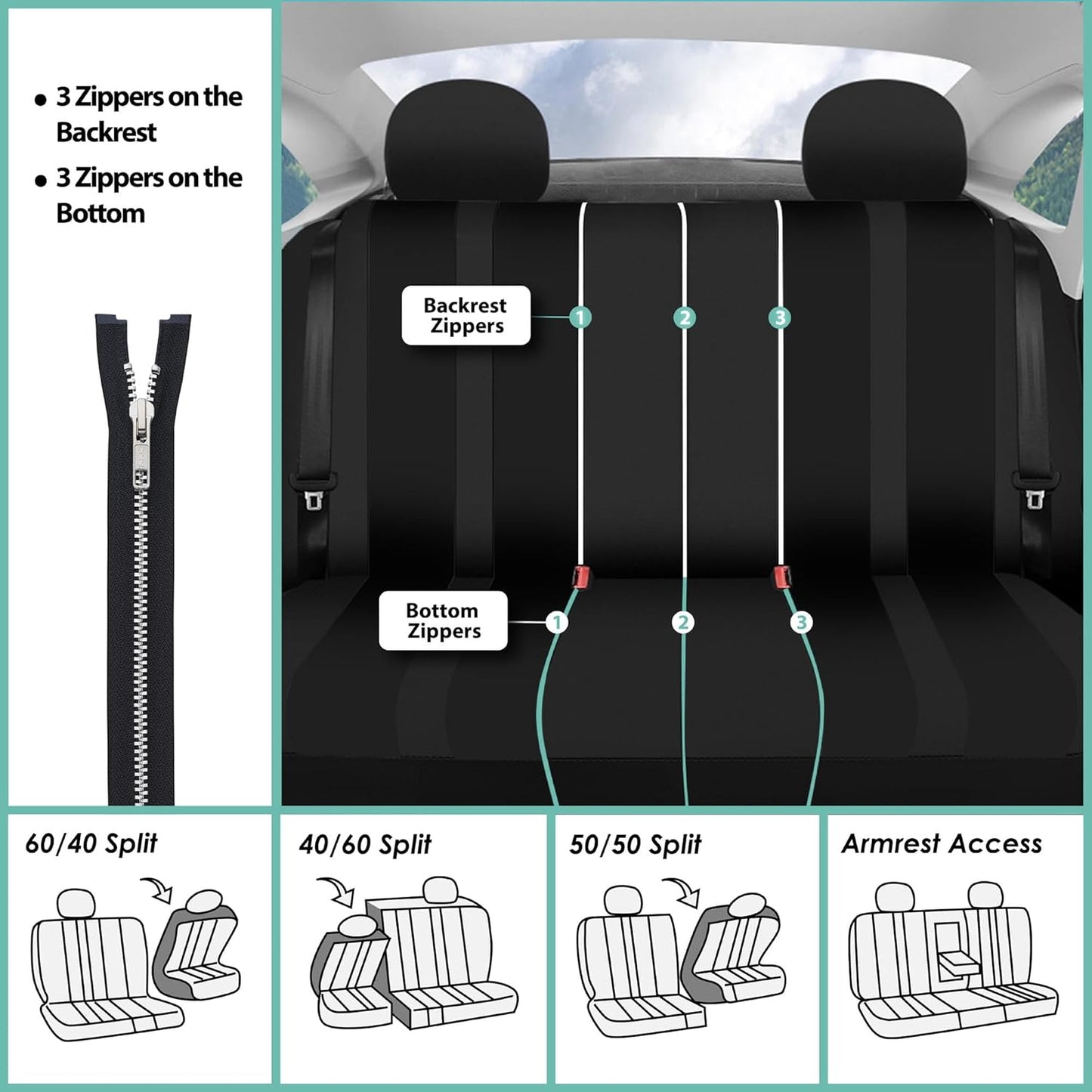 FH Group Car Seat Covers Full Set Cloth - Universal Fit, Automotive Seat Covers,Low Back Front Seat Covers,Airbag Compatible,Split Bench RearSeat,Washable Car SeatCover for SUV,Sedan,Van Black