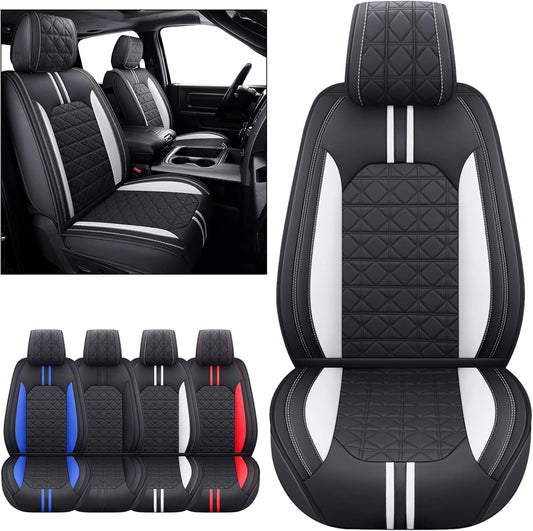 YIERTAI for Dodge RAM Seat Covers Fit 2009-2023 2024 2025 1500 2500 3500HD Crew Double Cab Quad Cab Big Long Horn Rebel Tradesman Laramie Truck Waterproof Leather TSWKM Style(2 PCS Front/Black-White)