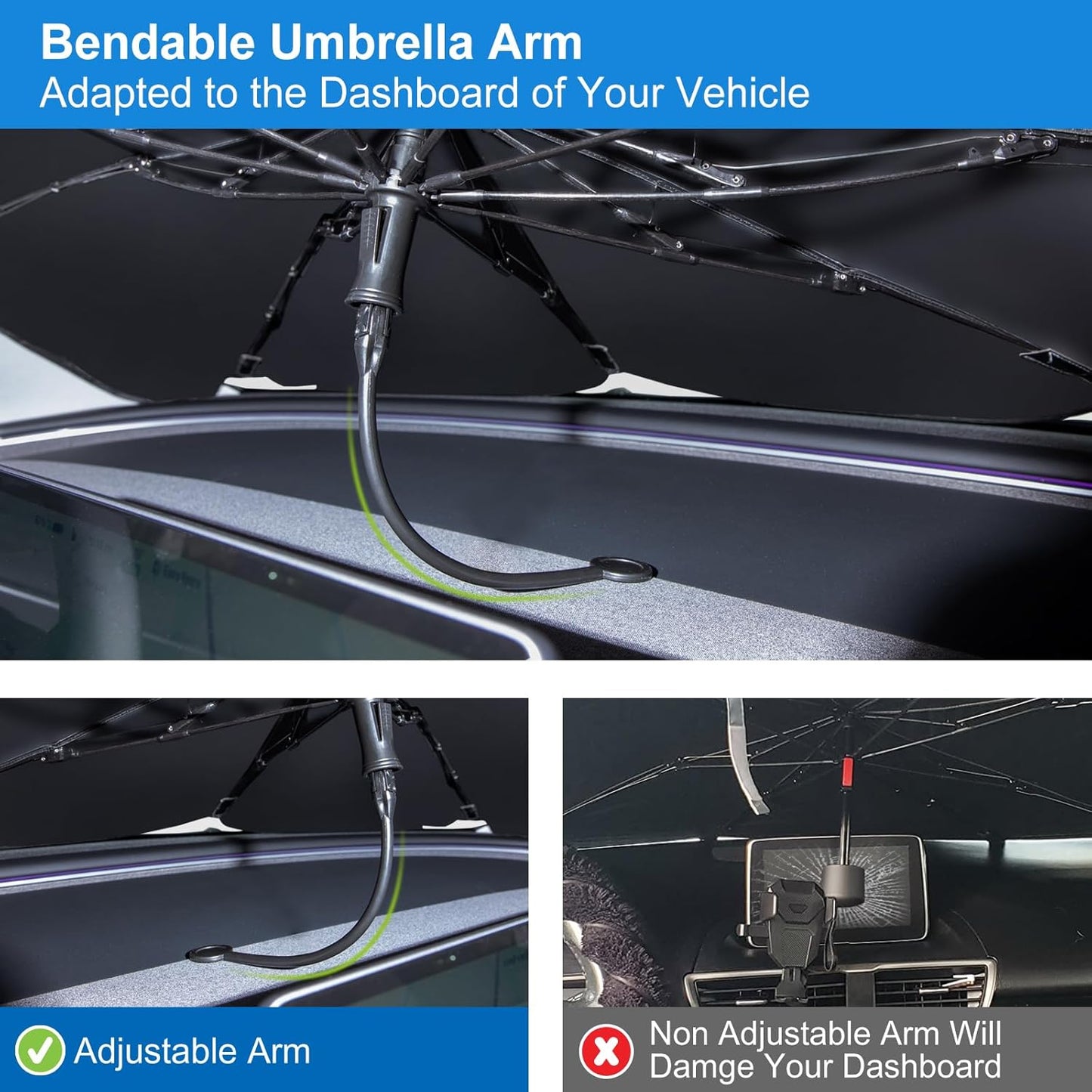 Spurtar Sunshade Umbrella Fit for Tesla Model 3 / Model Y, Rustproof Car Window Shades Upgraded Fiberglass Automotive Windshield Foldable Accessories UV Block Heat Window Insulation Protection 57"x34"