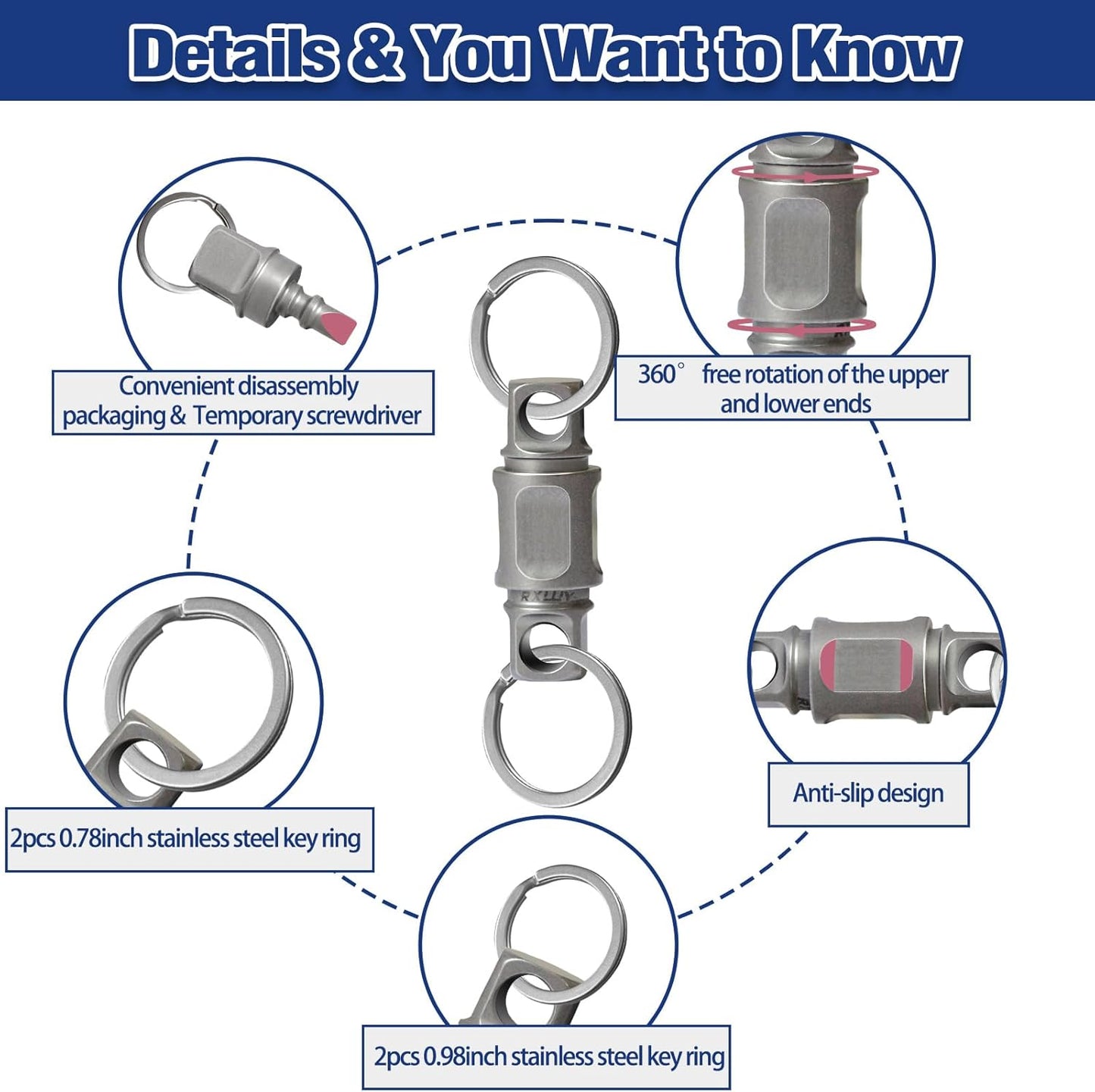 RXLUY Titanium Quick Release Keychain, Detachable Double-End Swivel Convenient EDC Key Chain Clip Ring Holder Car Accessory