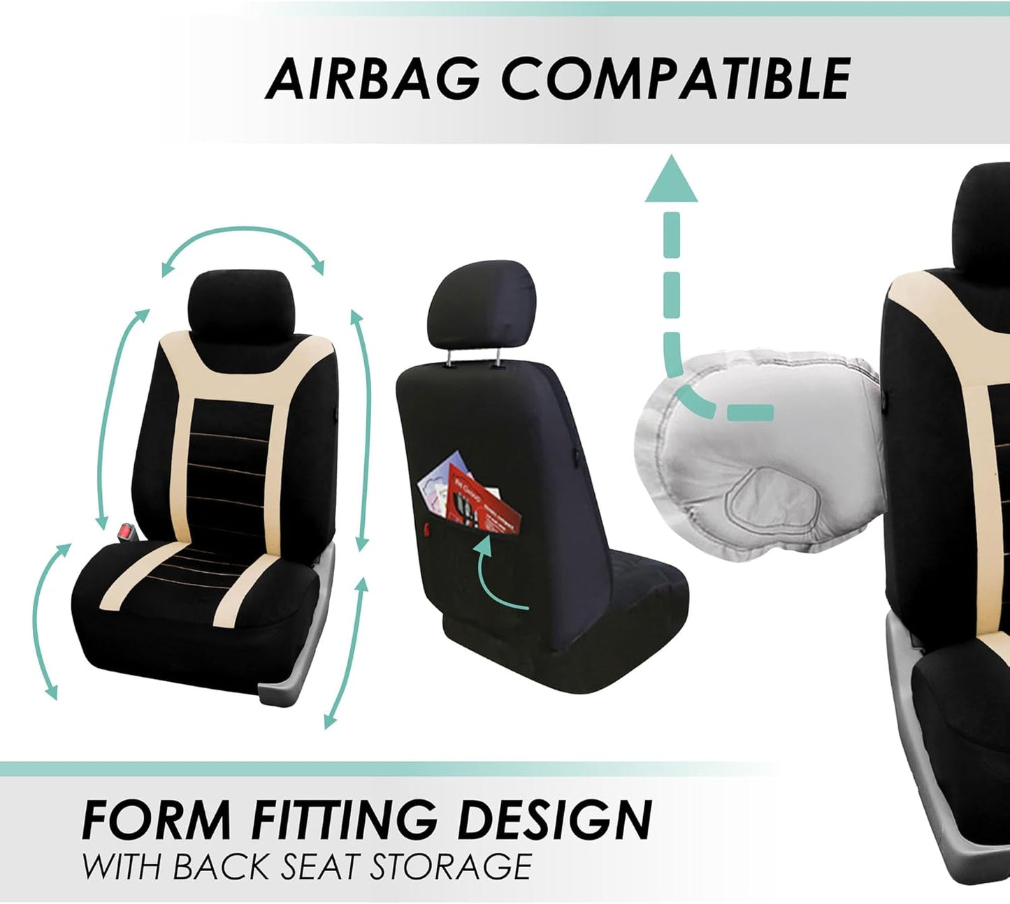 FH Group Car Seat Covers Sports Seat Covers Front Seats Only, Airbag Compatible Beige Black Automotive Seat Cover Combo Small Car Seat Cover Design Universal Fit Interior Accessories Cars Trucks SUVs