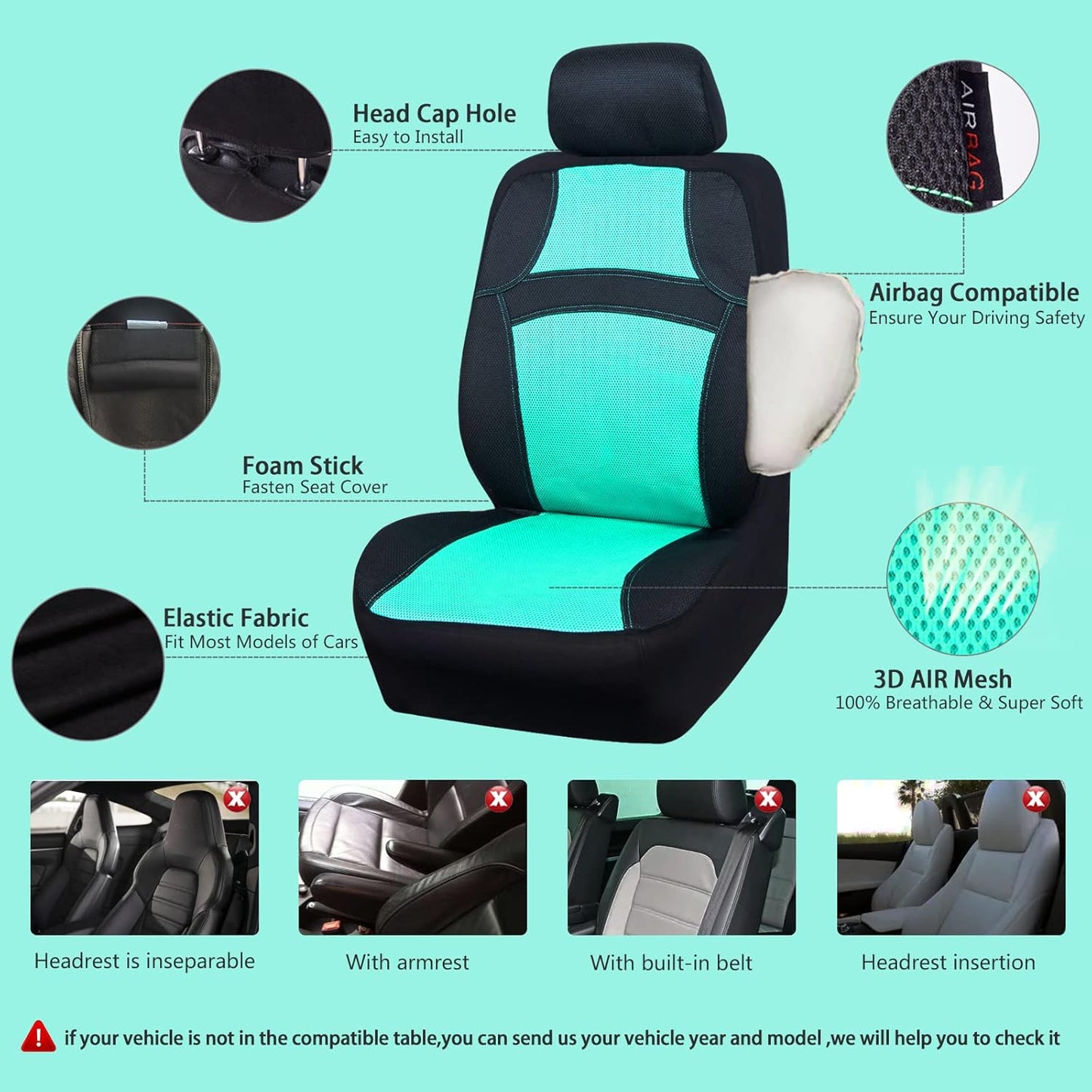CAR PASS Universal 13PCS 3D Air Mesh-100% Breathable Seat Covers Full Sets#Steering Wheel&Belt Cover #Airbag and Rear Split Bench Compatible#for 90% Automotive SUV Truck Cute Women Black Mint