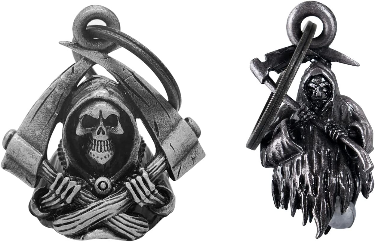 【2Pack】Motorcycle Bells for Biker Good Luck Guardian Riding Bells with Hanger Motorcycle Accessory or Keychain for Luck, Grim Reaper*2, Medium