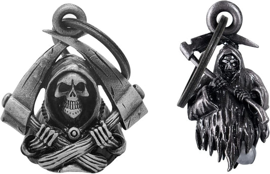 【2Pack】Motorcycle Bells for Biker Good Luck Guardian Riding Bells with Hanger Motorcycle Accessory or Keychain for Luck, Grim Reaper*2, Medium
