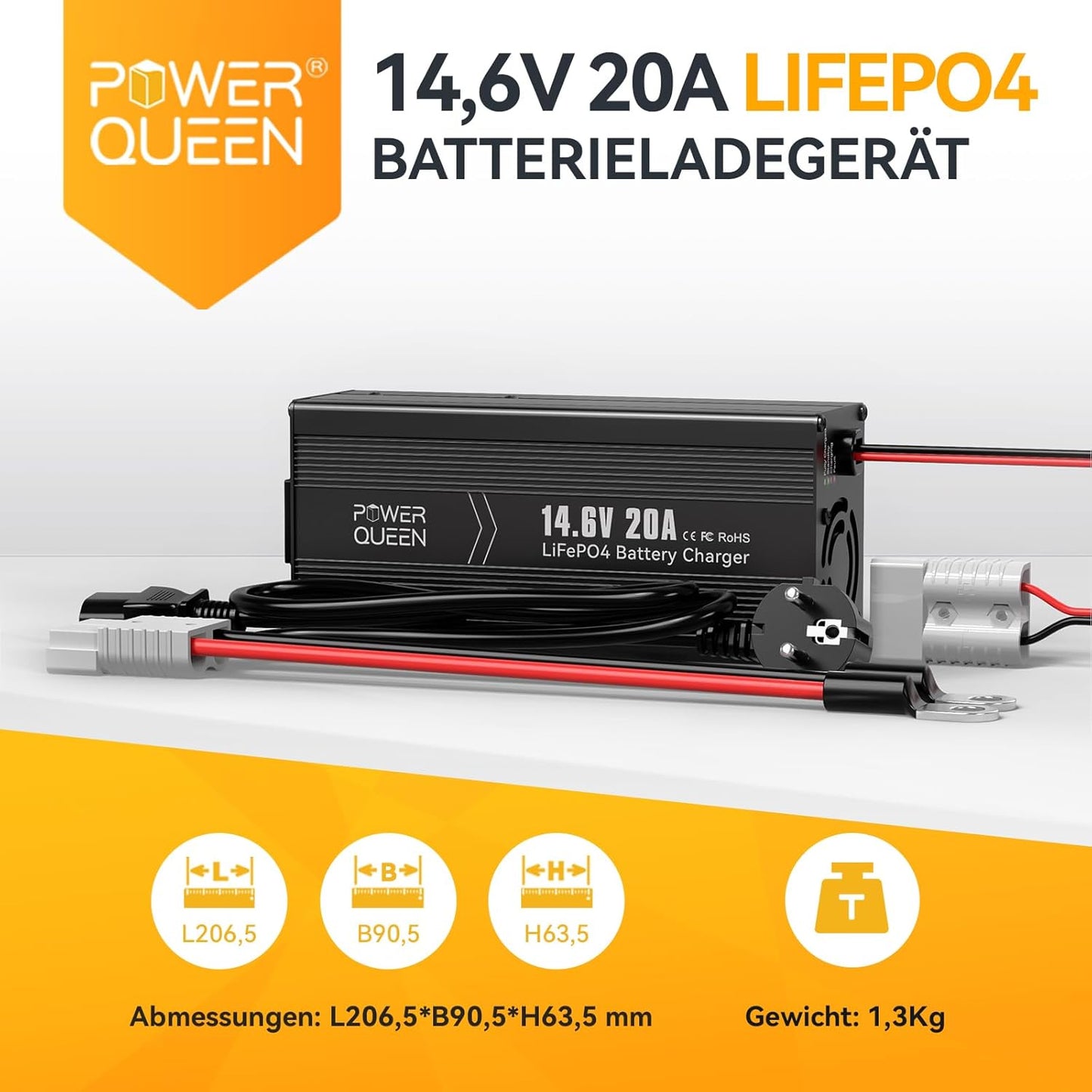 Power Queen 14.6V 20A LiFePO4 Battery Charger, 2-Stage Automatic Smart Battery Charger and Maintenance, LiFePO4 Lithium Batteries Charger, Suitable for 12V (12.8V) Lipo Lithium Iron Phosphate Battery