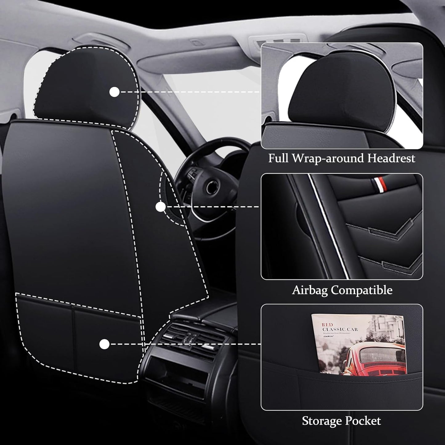 Car Seat Cover for Dodge Challenger 2008-2023, Waterproof Durable Compatible Airbag, Premium Leather Seat Protector(2 Seats Standard,Black White)