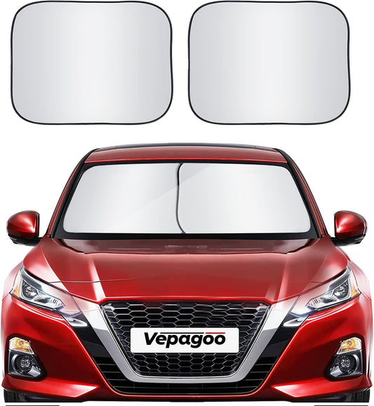 Vepagoo 2-Piece Car Windshield Sun Shade Cover, Auto Sun Shield Heat Protector for Front Window with Storage Bag, Car Sunscreen UV Reflector Protect Dashboard 28x31 inches