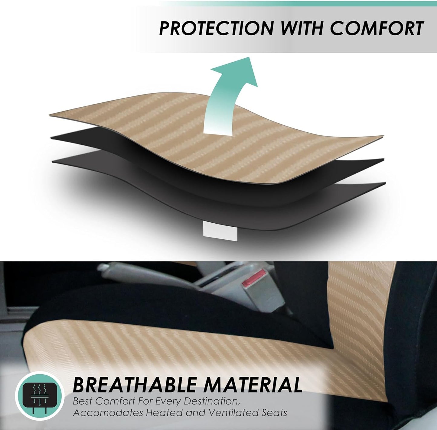 FH Group Car Seat Covers Three Row Set 7 Headrest Covers Car Accessories Universal Fit, Trendy Elegance 3D Air Mesh Airbag Compatible and Split Ready Beige Interior Accessories for Cars Trucks SUV
