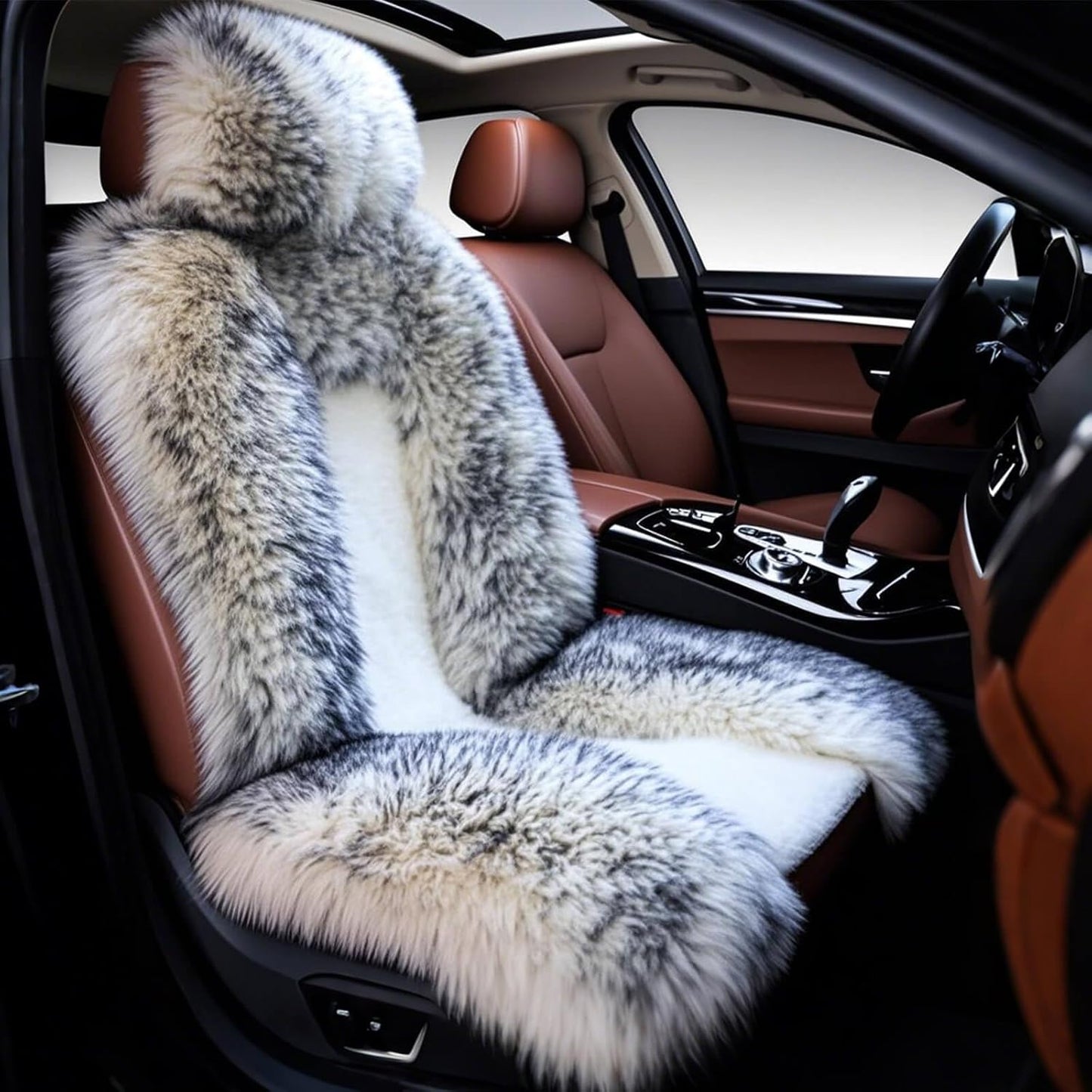 Gracefur Sheepskin Car Seat Cover Genuine Wool Seat Cover Fluffy Fur Front Seat Covers Fits Cars, Trucks, SUV, or Van (White)