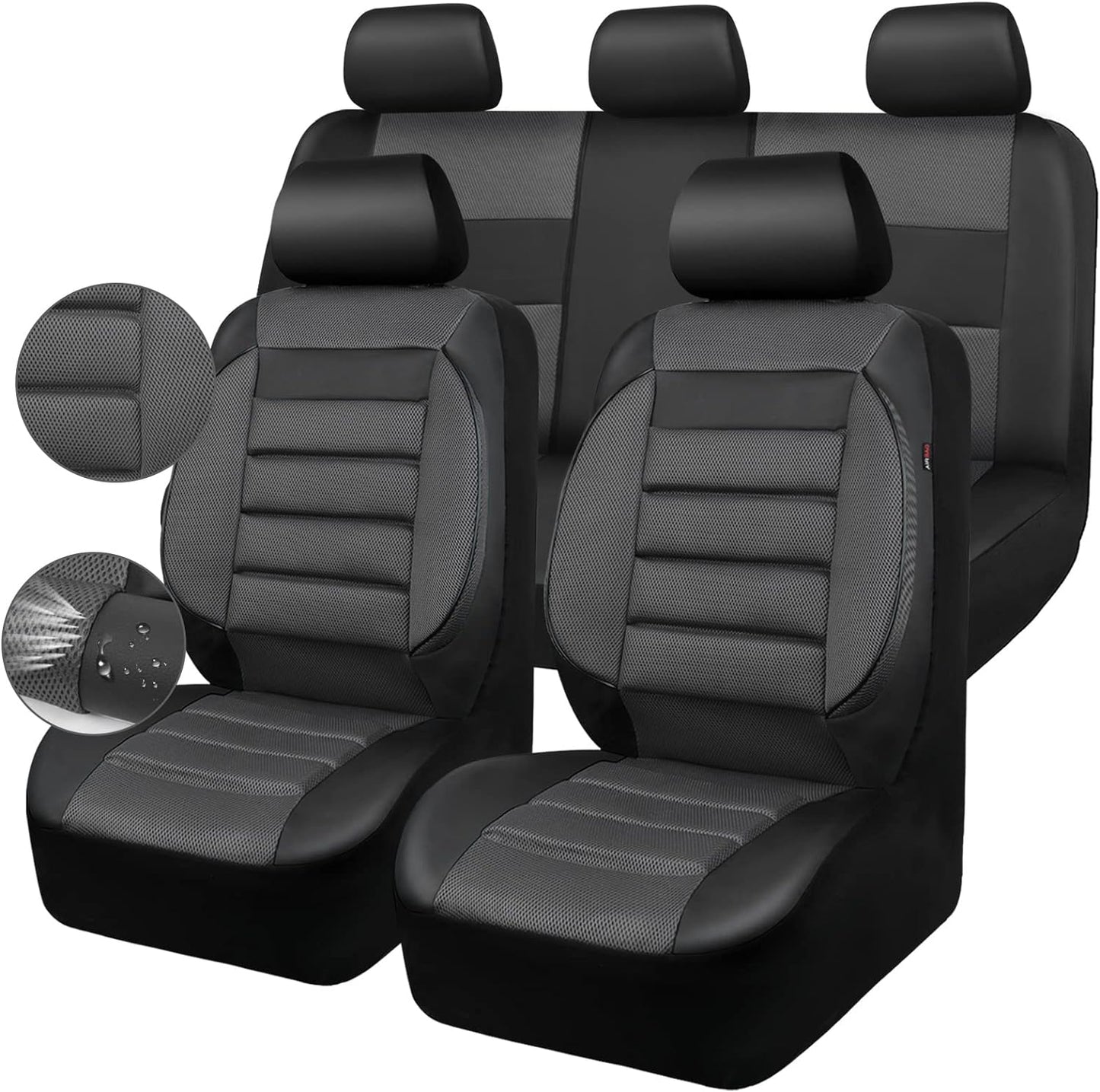 CAR PASS Leather Seat Covers Full Set Universal Water Resistant 3D Foam Back Support, Luxury Comfort Automotive 5 Seat Covers All Season Fit for SUV,Sedan,Van, Airbag Compatible Elegance(Black)