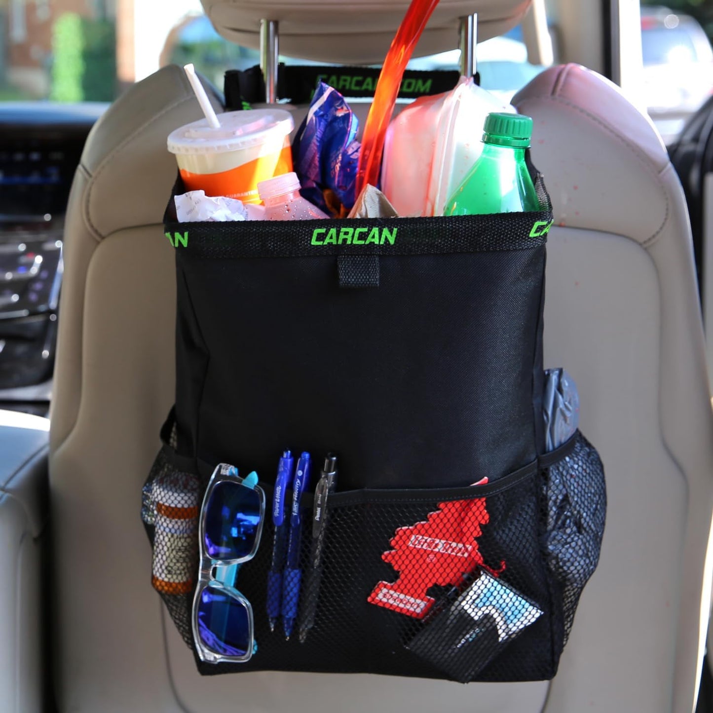 CarCan The Original 3 in 1 Hanging Car Trash Can for Back Seat, Cooler & Storage Bag – Metal Framed, Washable & Reusable Car Trash Bin with 3 Pockets (Pack of 5)