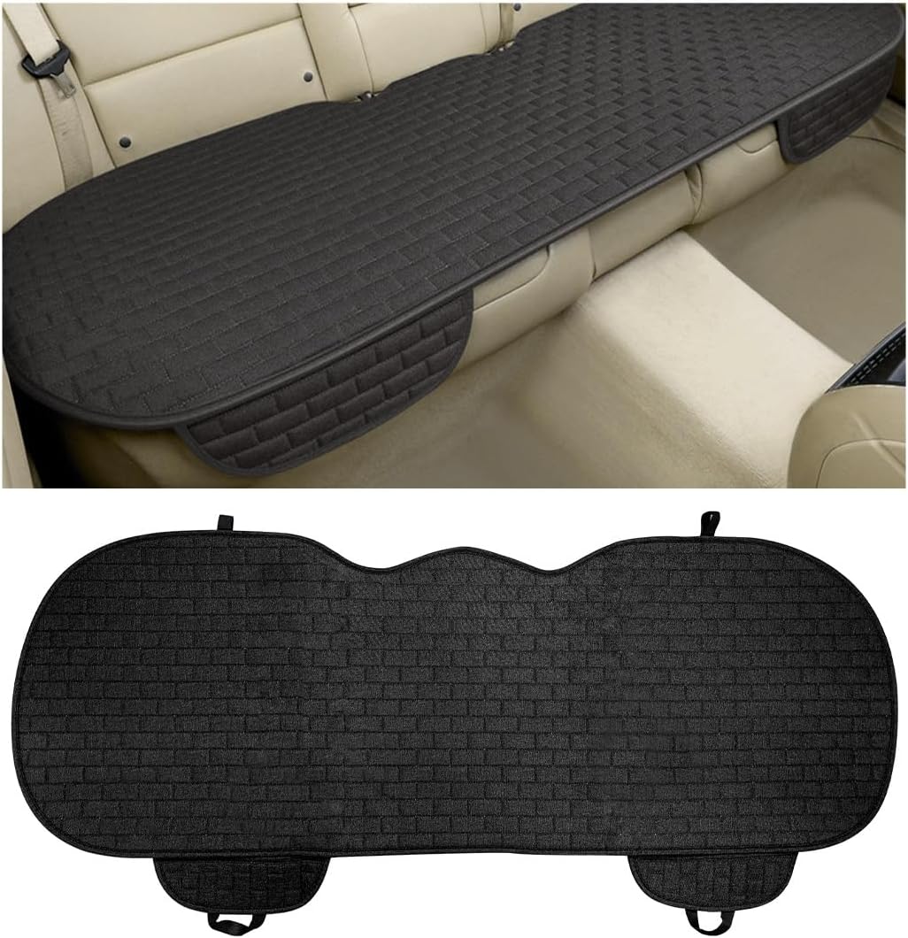 KVAEY Linen Back Car Seat Cover, Anti-Slip Long Bottom Rear Seat Cover Protector with Storage Pockets, Breathable Linen Rear Bench Seat Protector Cushion Pad for Most Vehicles (Beige)