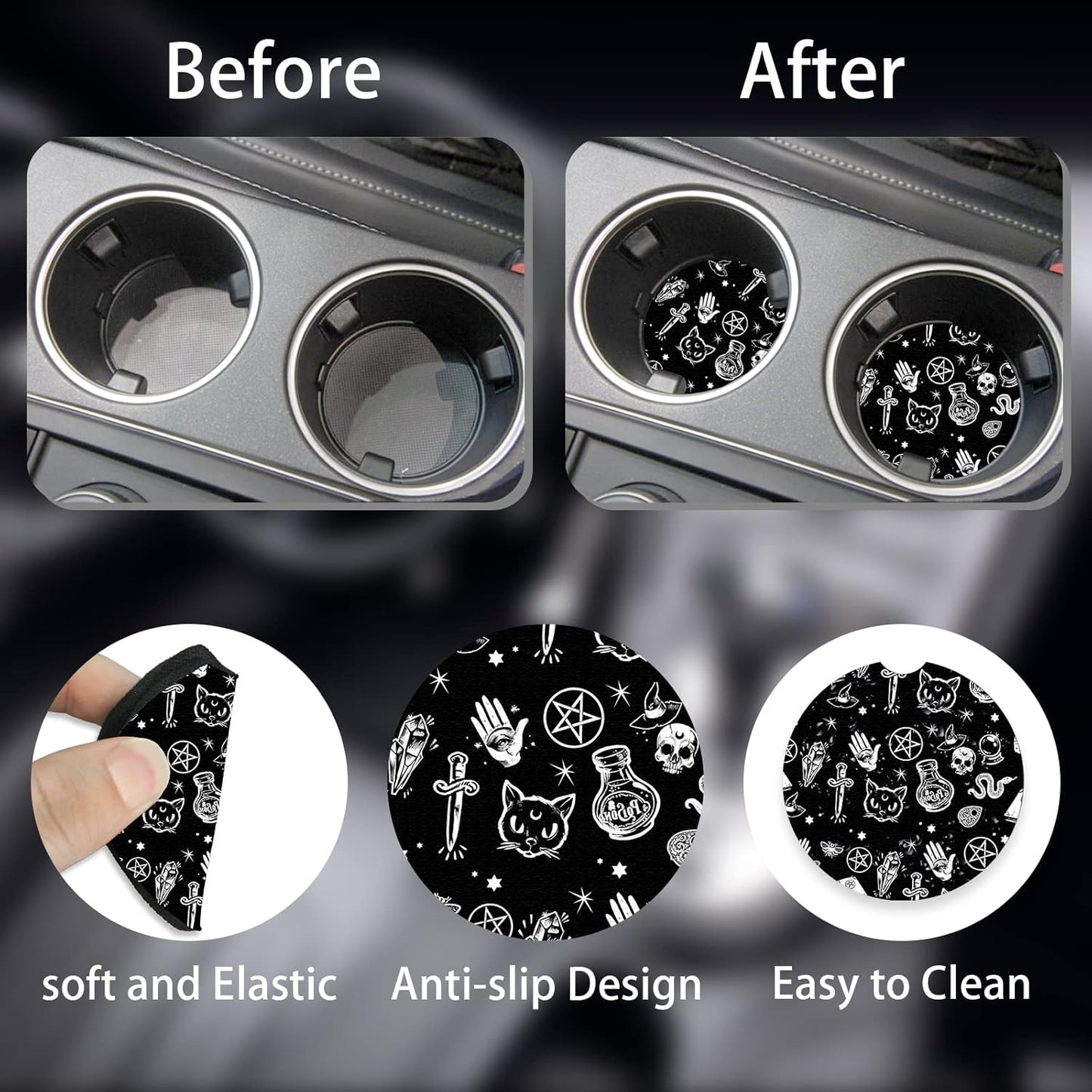 8PCS Gothic Car Accessories Interior Include Universal Steering Wheel Cover Front Car Seat Cover Shoulder Pads Car Coasters Armrest Pad Car Accessories Sets for Women Men Teens