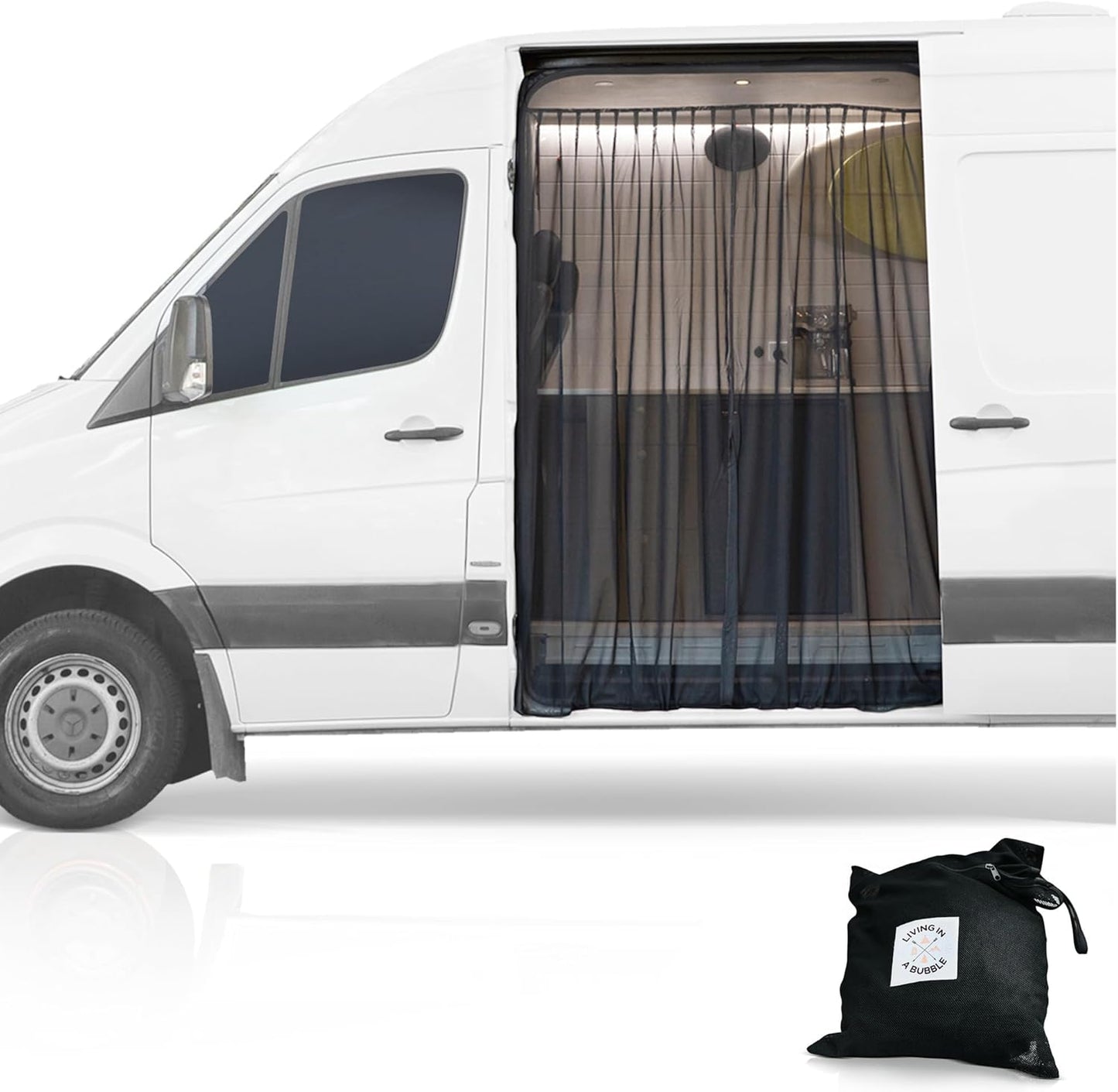 Living in a Bubble Van Bug Screen for Standard Roof Mercedes Benz Sprinter and Ford Transit, Universal Size Rear Door Flyscreen Mosquito Net, Center Zipper Closure