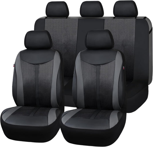Flying Banner Classic Black PU Leather and Mesh Breathable Universal Car Seat Covers Sets with Airbag Compatible