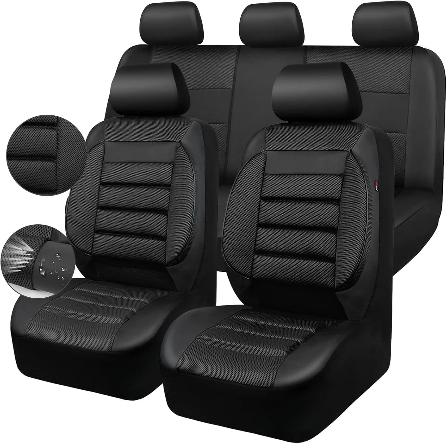 CAR PASS Leather Seat Covers Full Set Universal Water Resistant 3D Foam Back Support, Luxury Comfort Automotive 5 Seat Covers All Season Fit for SUV,Sedan,Van, Airbag Compatible Elegance(Black)