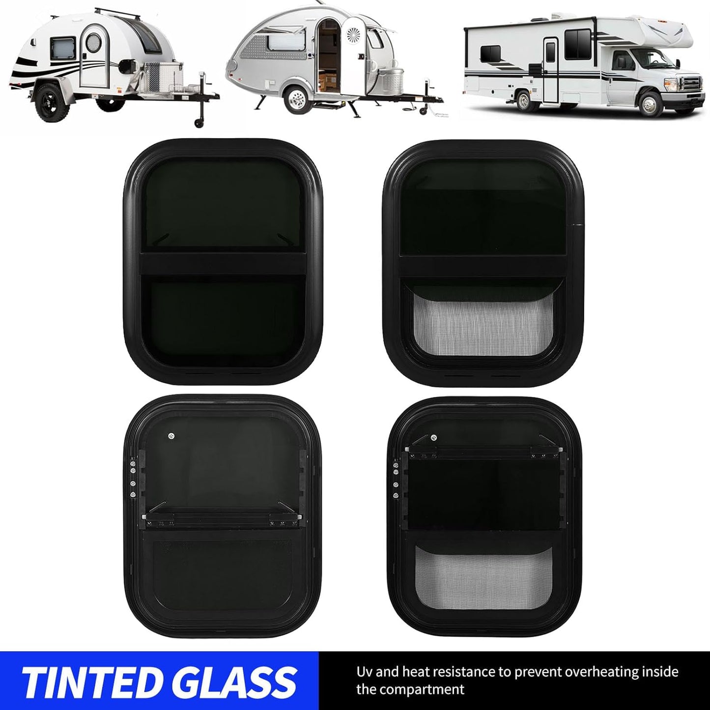 RV Sliding with Screen 440mm H 390mm W Tinted Tempering Glass Waterproof for Motorhome Trailer