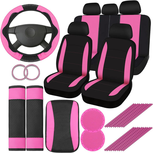 29 Pcs Car Seat Covers Full Set Include Car Seat Protectors, 2 Cup Mat, Steering Wheel Cover, 2 Shoulder Pads, Armrest Pad, 2 Stickers, 20 Air Conditioner Decoration Strip for Women Men (Pink)