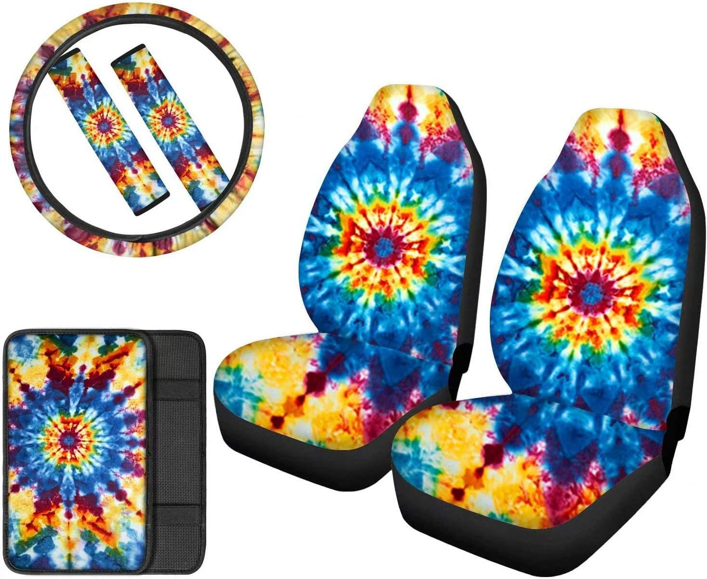 Pensura Rainbow Tie Dye Art Print Car Seat Cover, Protector Set,Universal Streering Wheel Cover,Center Seat Box Pad,Belt Pad -6pc Full Set