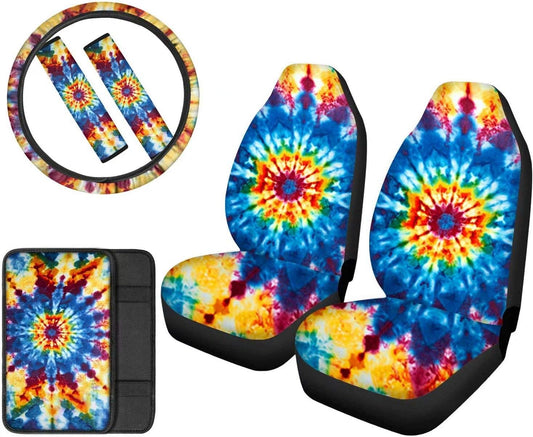 Pensura Rainbow Tie Dye Art Print Car Seat Cover, Protector Set,Universal Streering Wheel Cover,Center Seat Box Pad,Belt Pad -6pc Full Set