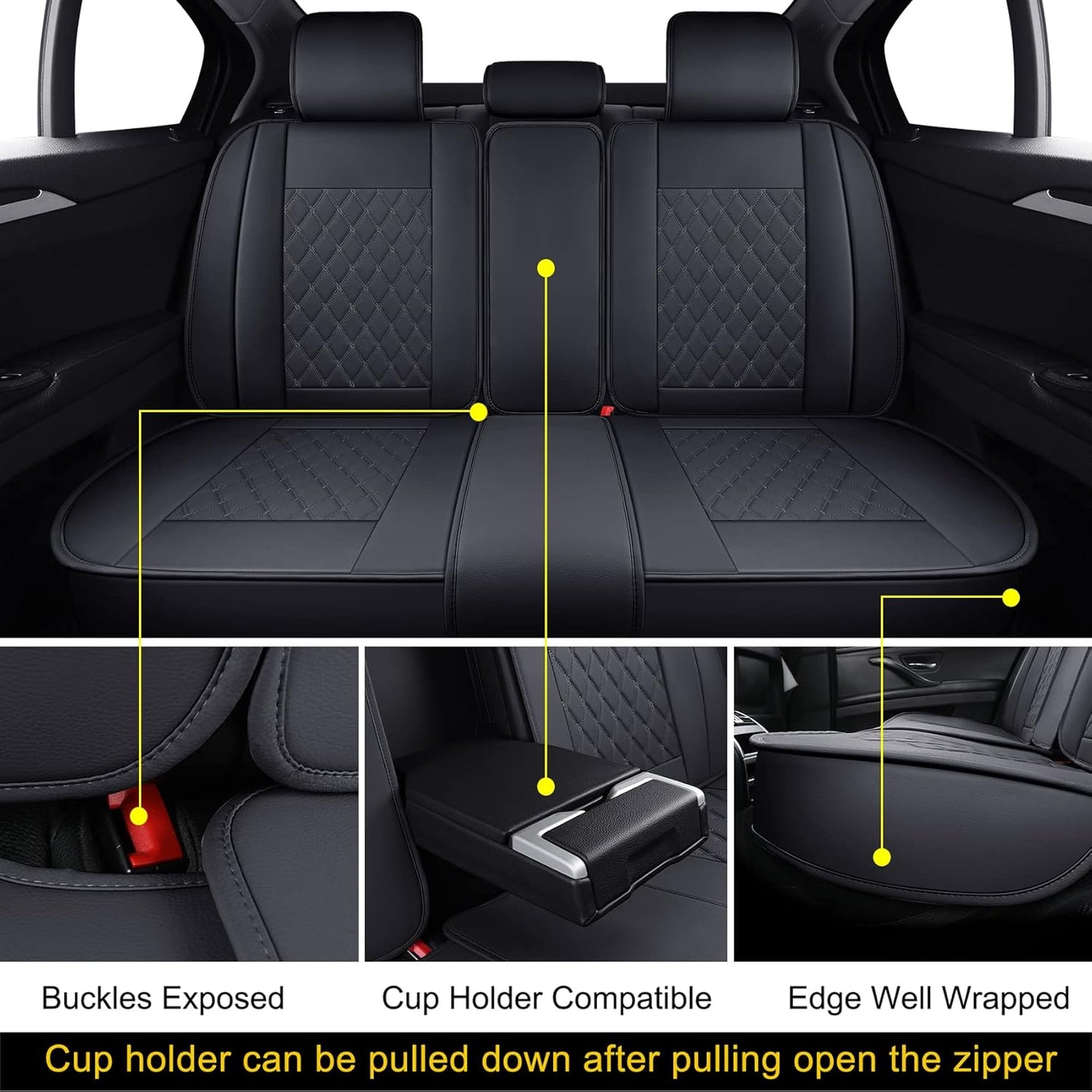 Coverado Leather Car Seat Covers Full Set, Waterproof Leatherette Automotive Auto Seat Cushion Cover with Diamond Pattern, Universal Fit for Cars SUV Pick-up Truck(Black, M)