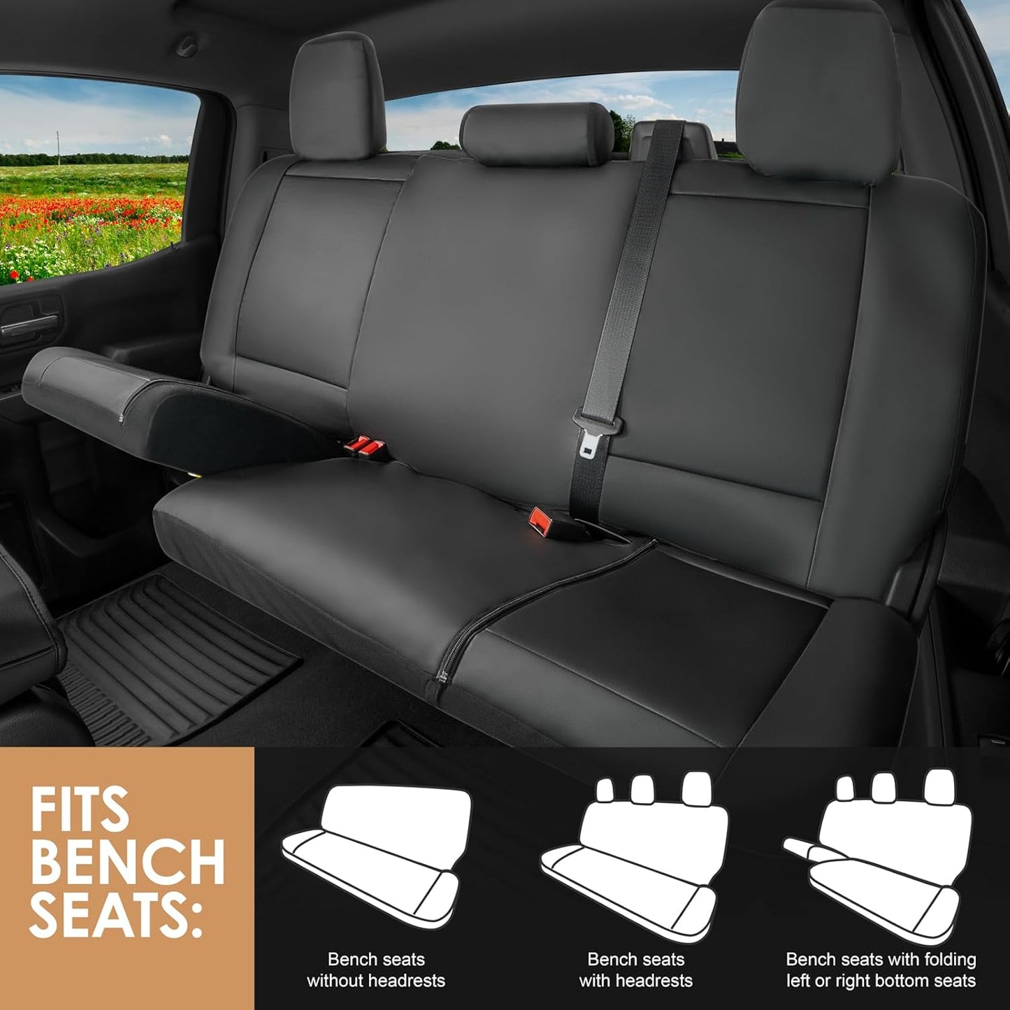 X Truck Accessories Universal Truck Bench Seat Cover; Fits All Full-Size Silverado F-150 Ram Sierra Titan Tundra Pickup Trucks; to Fit Folding, Split Bench or Standard Bench Seat; Faux Leather, Black