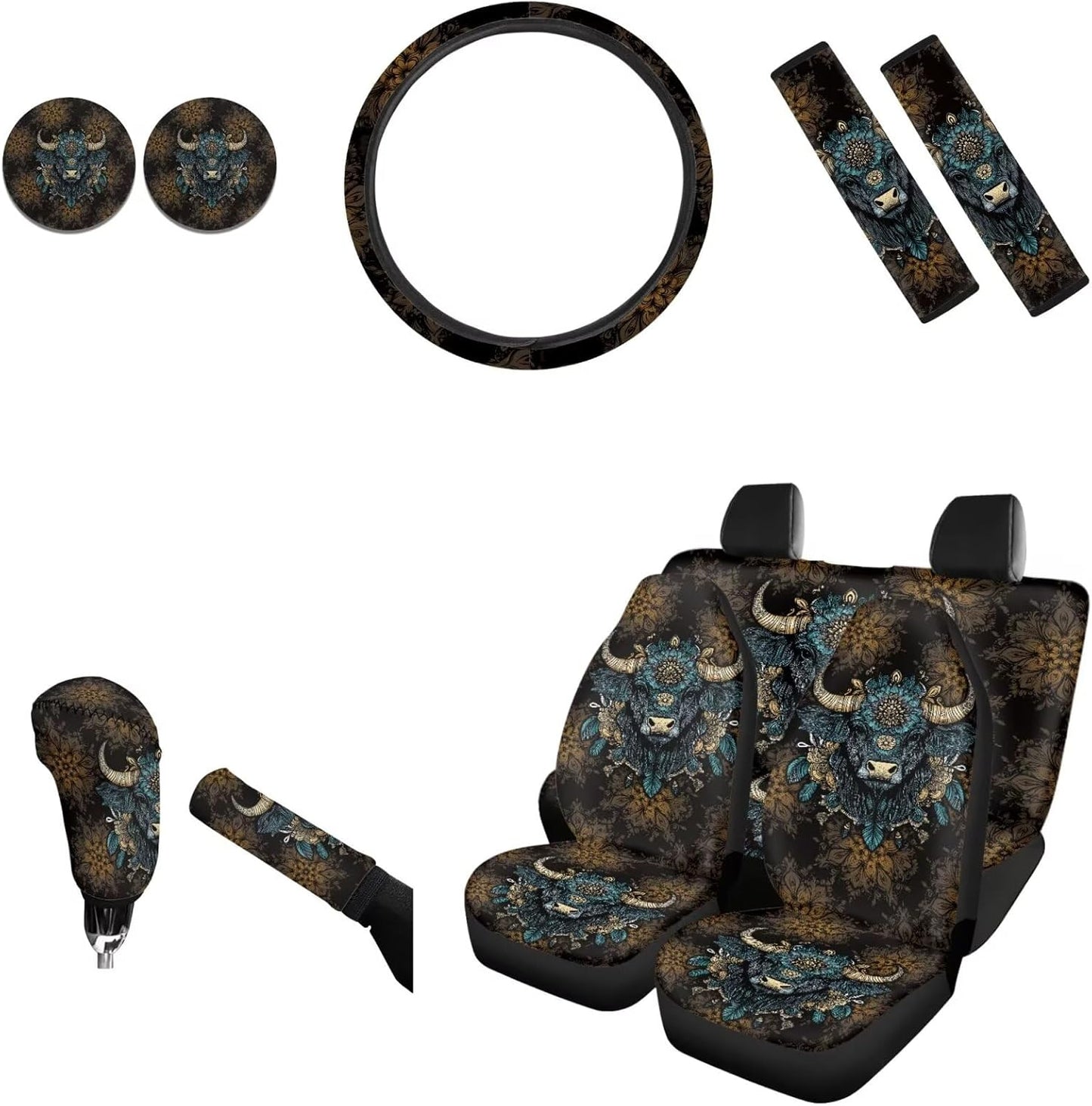 AFPANQZ Nebula Galaxy Car Seat Covers with Steering Wheel Cover, Seat Belt Shoulder Pads, Cup Holder Coasters, Gear Shift Knob and Handbrake Protector Cushion Full Set of 11 for Men Women Gift Navy