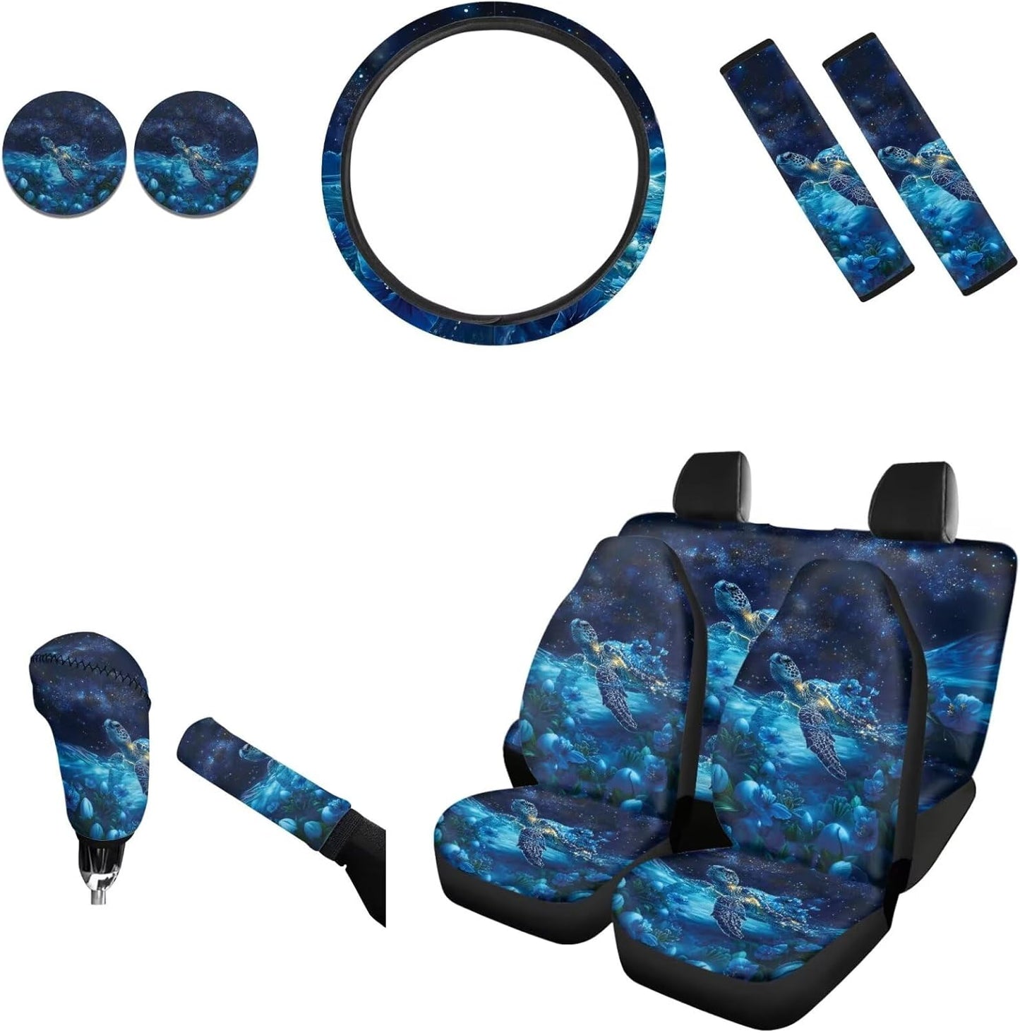 AFPANQZ Nebula Galaxy Car Seat Covers with Steering Wheel Cover, Seat Belt Shoulder Pads, Cup Holder Coasters, Gear Shift Knob and Handbrake Protector Cushion Full Set of 11 for Men Women Gift Navy