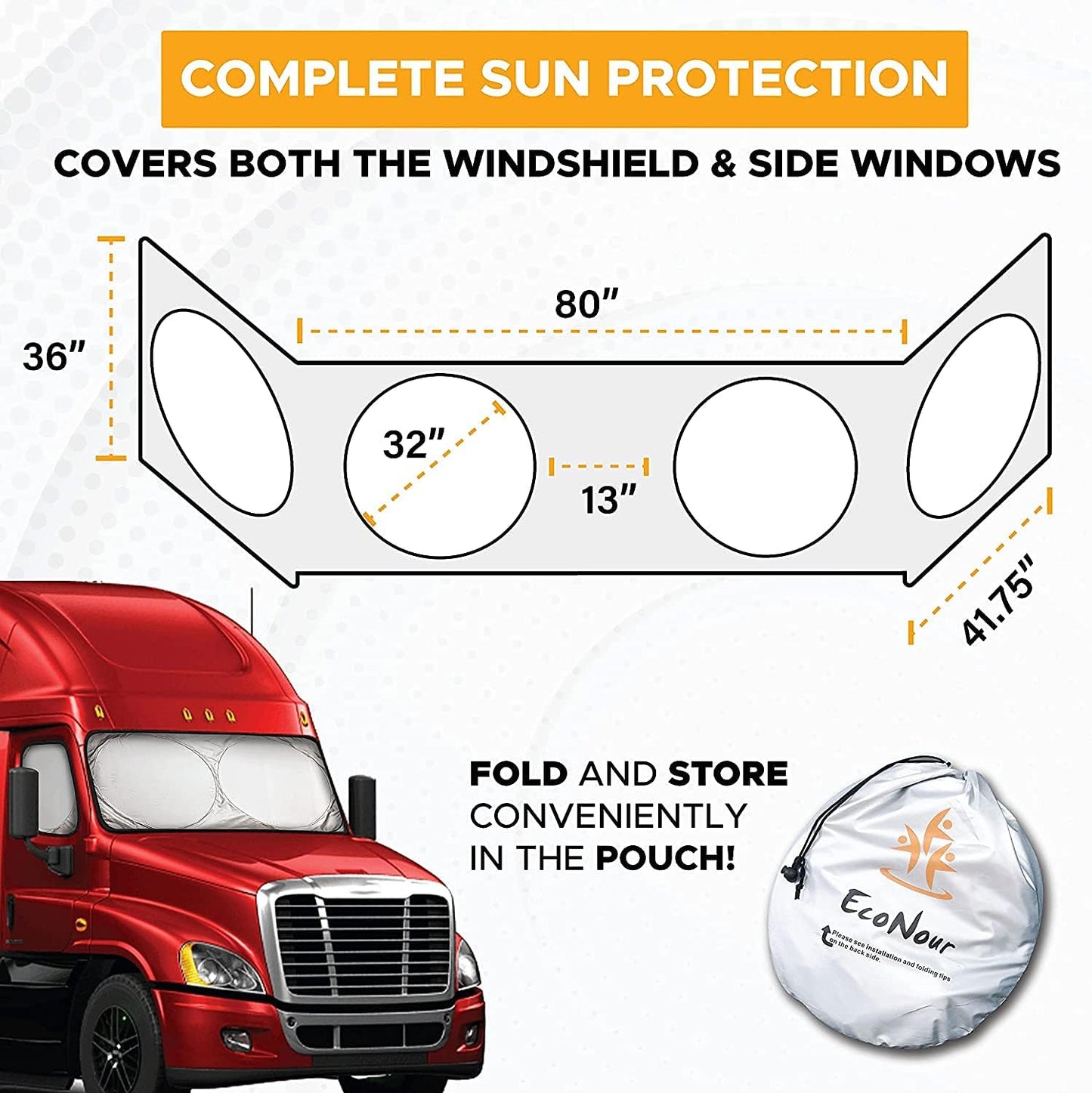 EcoNour Semi Truck Patriotic Flag Printed Sun Shade for Windshield and Side Windows | 240T Windshield Sunshade to Block UV/Sun Heat Rays | Best for Semi, Commercial & Big Rig Truck