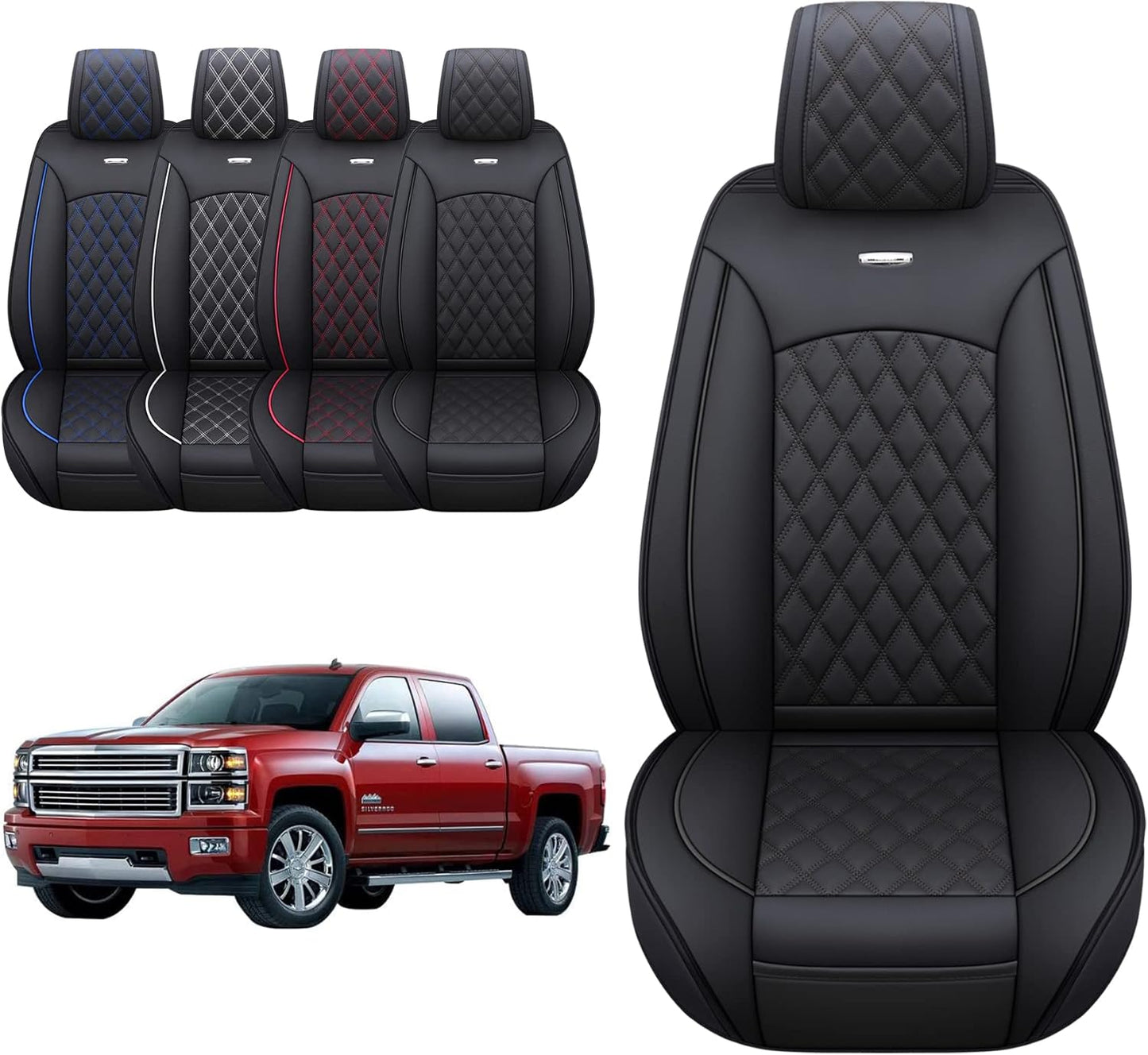 Aierxuan Chevy Silverado GMC Sierra Seat Covers Custom Fit 2007-2025 1500 2500HD 3500HD Crew Double Extended Cab Waterproof Leather Pickup Cushions(2 PCS Front, Black-White)