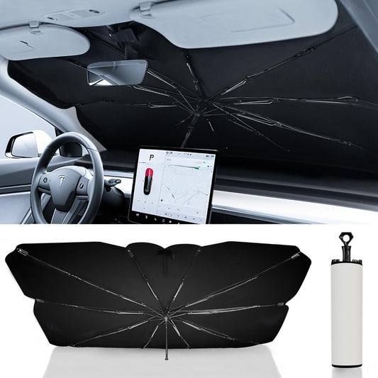 Otrifowd Tesla Model Y & Tesla Model 3 Windshield Sun Shade Umbrella, Retractable Sunshades for Front Window Block UV Rays Heat Keep Cool Protect Interior Easy Installation and Storage