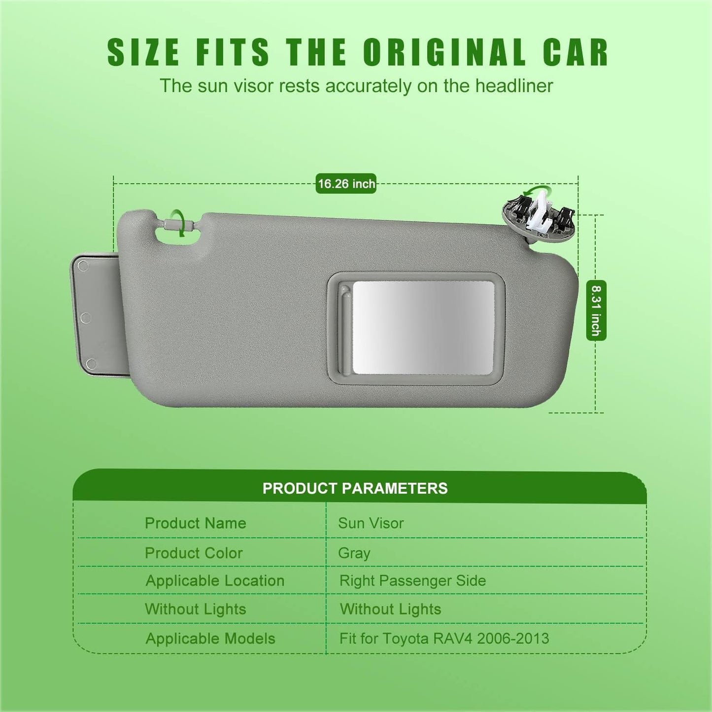 Right Passenger Side Sun Visor Fit for Toyota RAV4 2006-2013 with W/Vanity Light Relace# 74320-42501-B2 74320-42500-B0 74320-42500-B3 74320-42501-B3