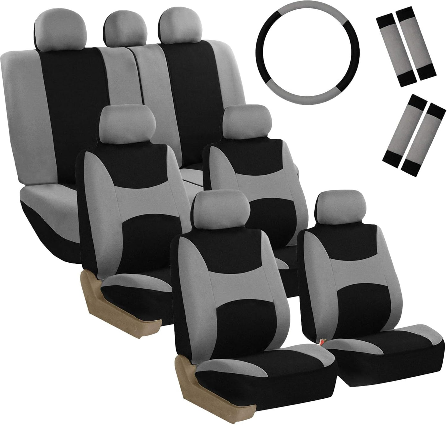FH Group Light & Breezy Cloth Car Seat Covers, 7 Seater Three Row Set- Airbag & Split Ready -Universal for Cars Trucks and SUVs Beige/Black